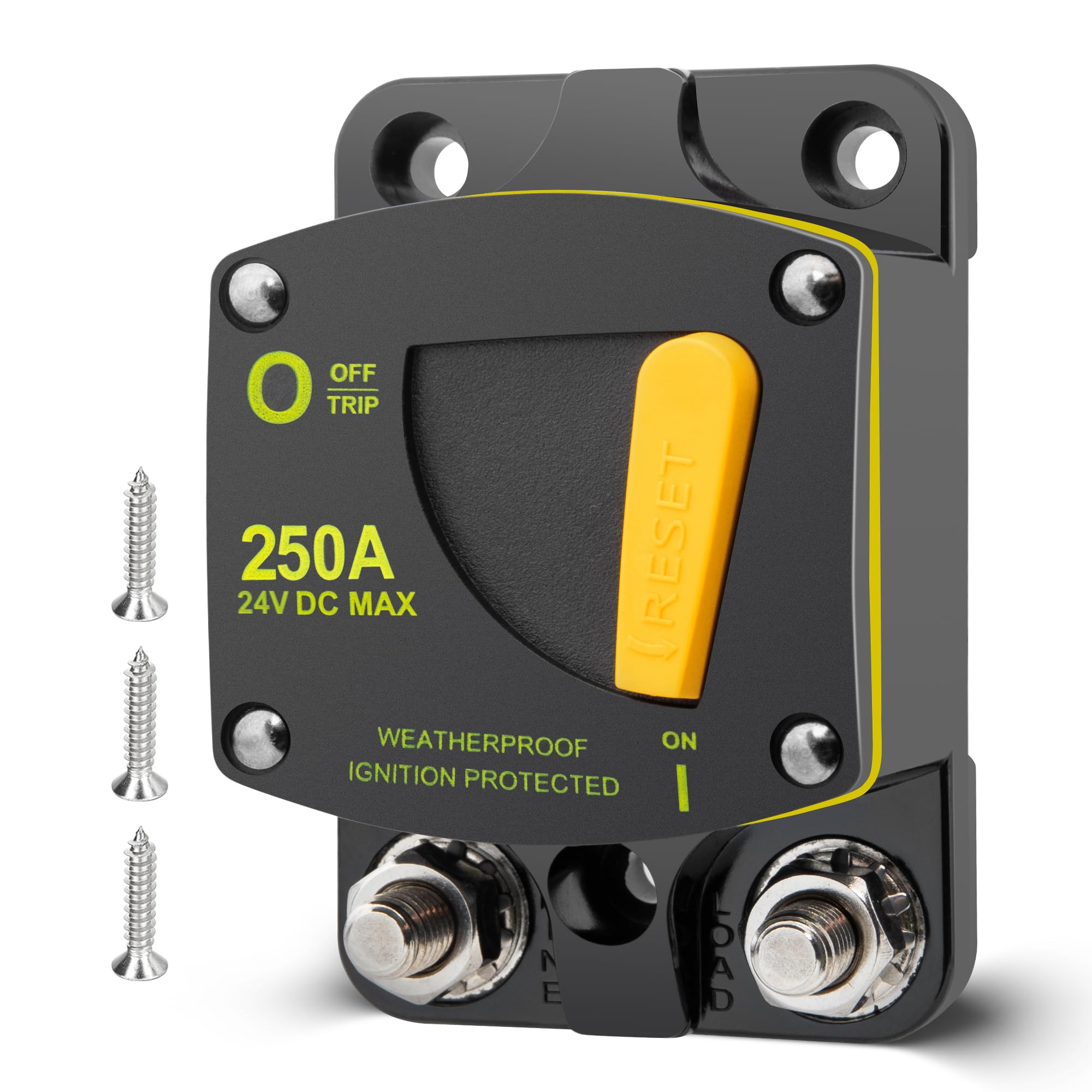 RED WOLF 250A Auto Schutzschalter DC 12V-24V, Automatische Sicherung 250 Ampere Sicherungsautomat kfz für LKW Boot Stereo Radio Autobatterie Sicherungshalter mit Manueller Reset Gelb