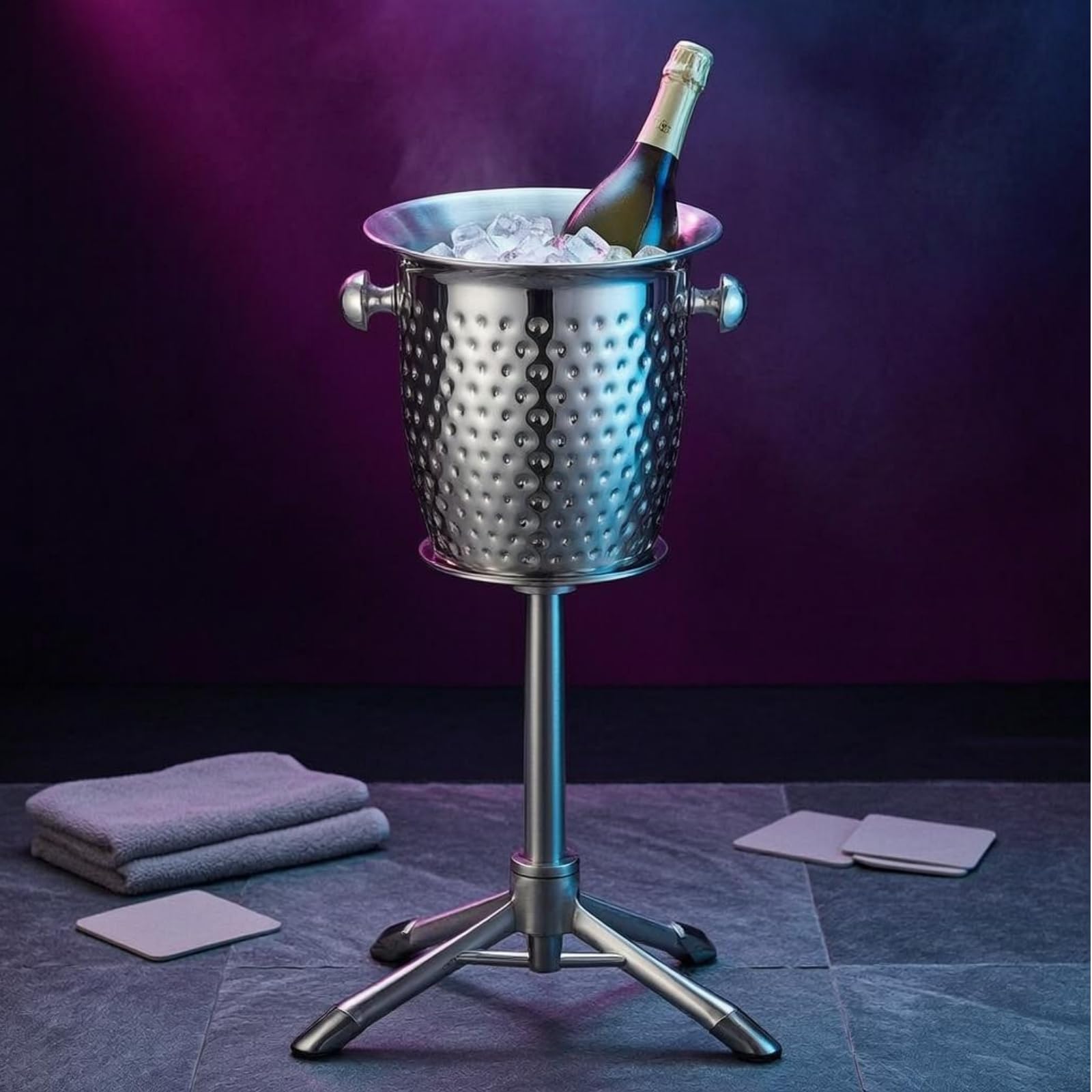 Soporte para cubeta de champán de acero inoxidable, moderno recipiente pulido para eventos sociales, cenas, reuniones, negro, cubo de hielo martillado horneado negro