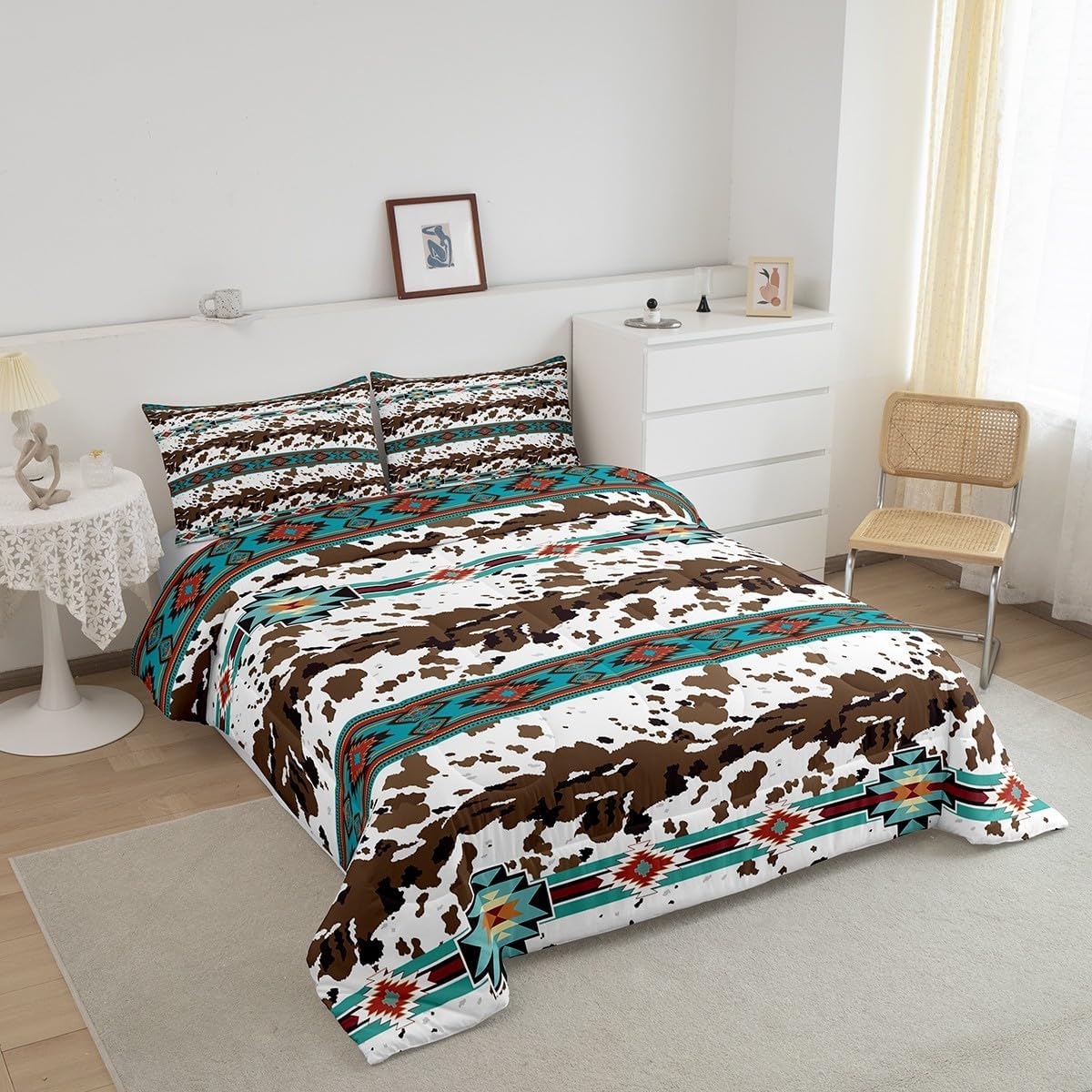 Feelyou Green Southwestern Bedding Set Toddler Size Cow Print Comforter Set Geometric Tribal Native American Indian Design Comforter Decor Exotic Style Stripe Line Duvet Set
