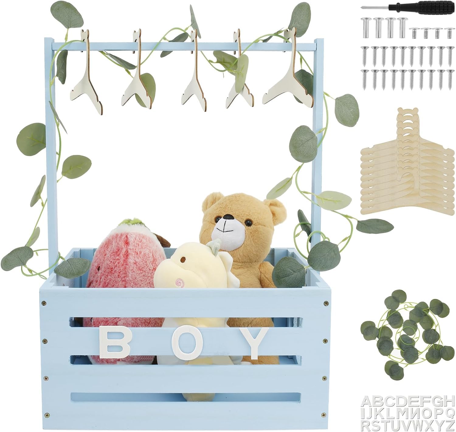 Baby Shower Crate Closet with 10 Hangers & Green Garland, Wooden Baby Basket with Handle Baby Storage Crate Hamper Decorative Baby Clothes Rack for Newborn Baby Shower Pregnancy New Parent Gifts(blue)