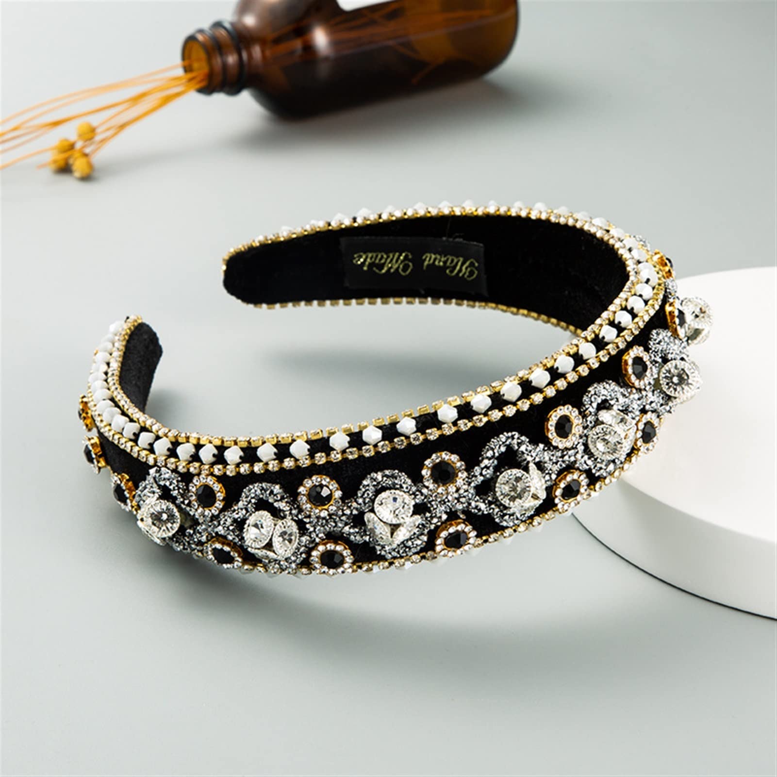 Moda Opaski Crystal Headband Moda Wyściełane Dżetów Zespół Włosów Pogrubienie Szeroko Hairband Hoop Kobiety Dziewczyny Akcesoria do włosów Beaded Headband (Color : Black)