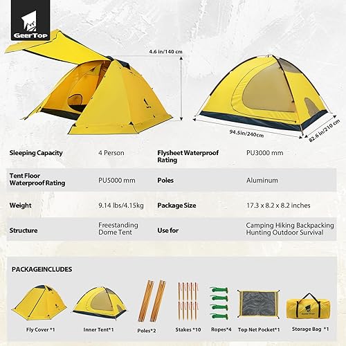 Miniatura 8 de GEERTOP Tienda de campaña para 4 personas y 4 estaciones para camping, impermeable, doble capa, fácil de instalar, tienda familiar para camping,