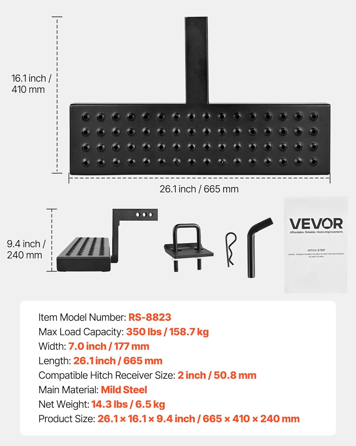 VEVOR Hitch Step for 2 Inch Receiver, Universal Rear Bumper Guard Protector with 350 LBS Load Capacity, Wide & Non-Slip Tow Hitch Step with Pin Kit and Stabilizer, Fit for Pickup, Trailer, Truck, SUV
