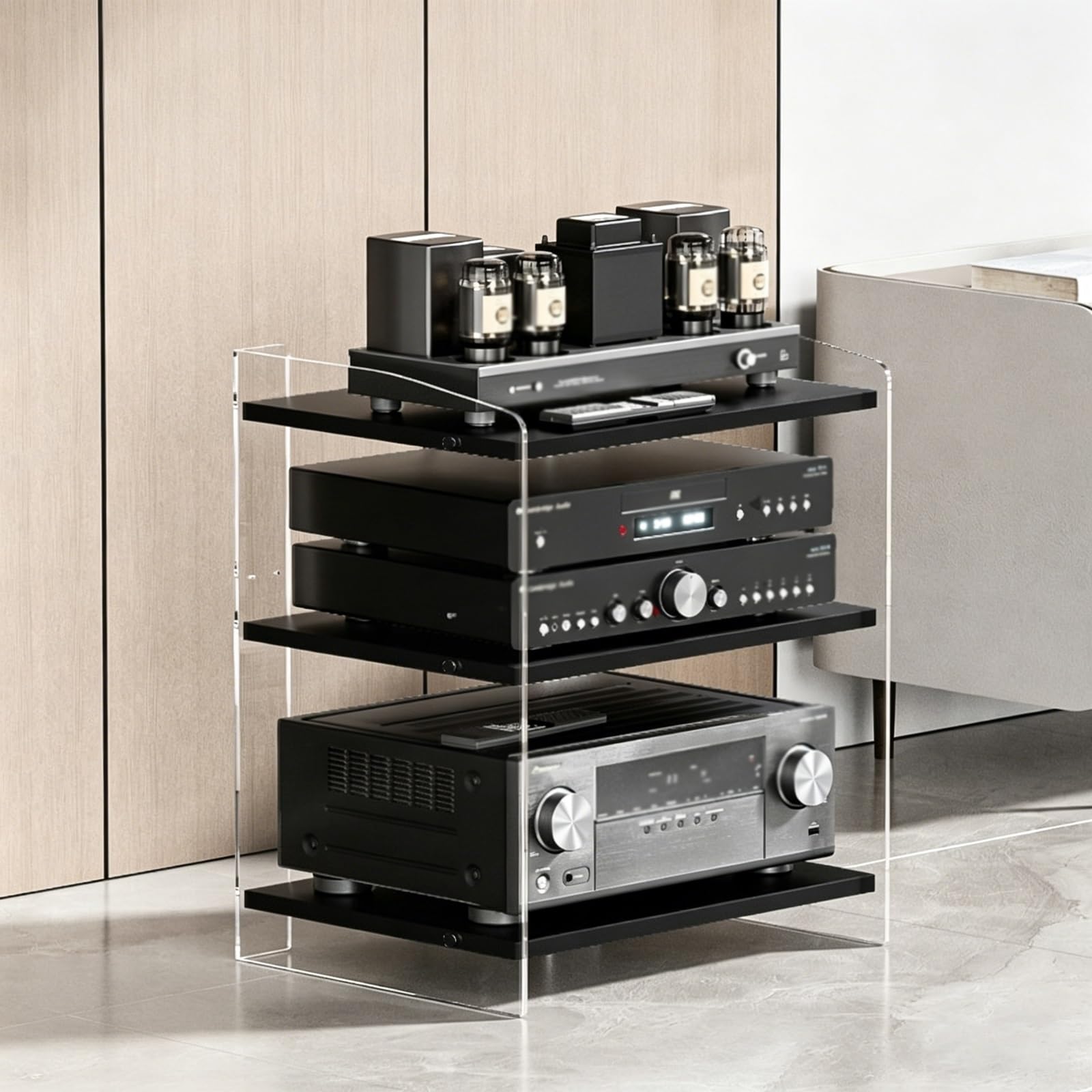 Supporto audio moderno per impianto hi-fi e dispositivi AV, mobile di archiviazione AV con ripiani regolabili, adatto per soggiorno e studio di registrazione(C,3 layer)