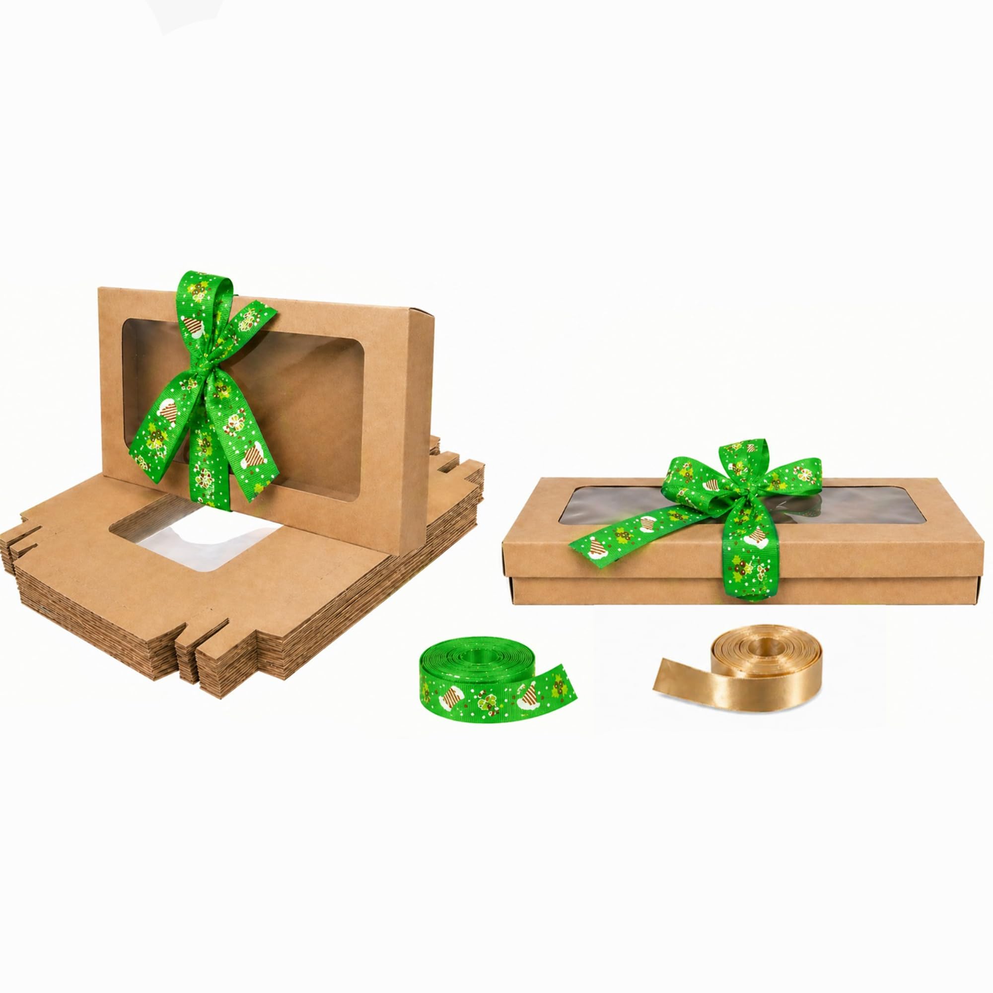 Emartbuy Pack of 12 Brown Gift Boxes with Clear Window Lid & Green Hat Satin Ribbon - Small Slim 21 x 12.5 x 2.5 cm - Recyclable Kraft Presentation Box for Hampers, Treats, Weddings & Favours
