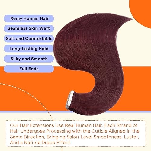 Miniatura 2 de Full Shine - Extensiones de cabello humano con cinta adhesiva de vino tinto, 20 unidades, sin costuras, extensiones de cabello humano natural de