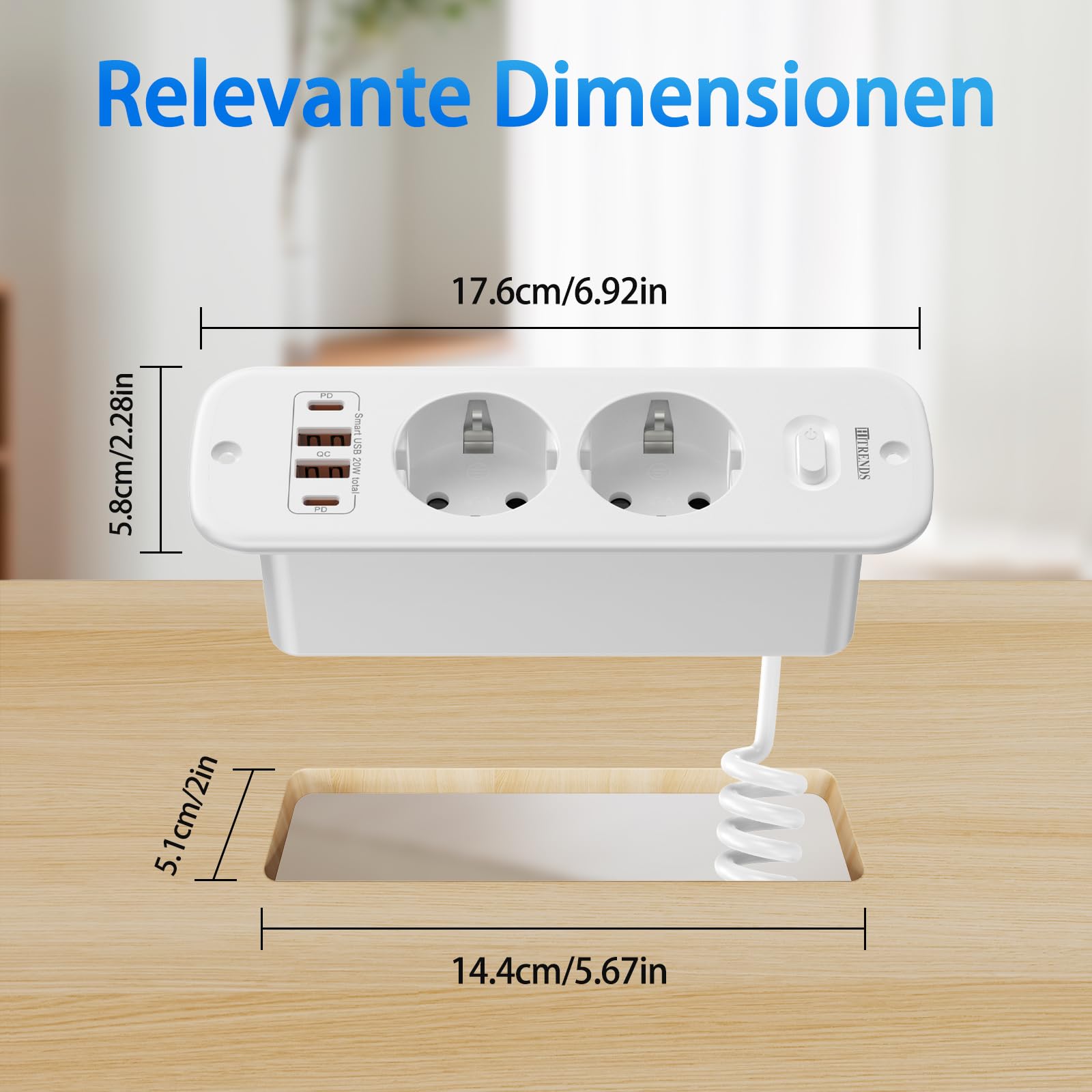 Blat wysuwane gniazdko z 4 portami USB (2 × USB-A + 2 × USB-C) i przełącznikiem, listwa zasilająca do zabudowy, listwa zasilająca z 2 gniazdami 2 m, 4000 W/16 A, gniazdko stołowe do biura, biura