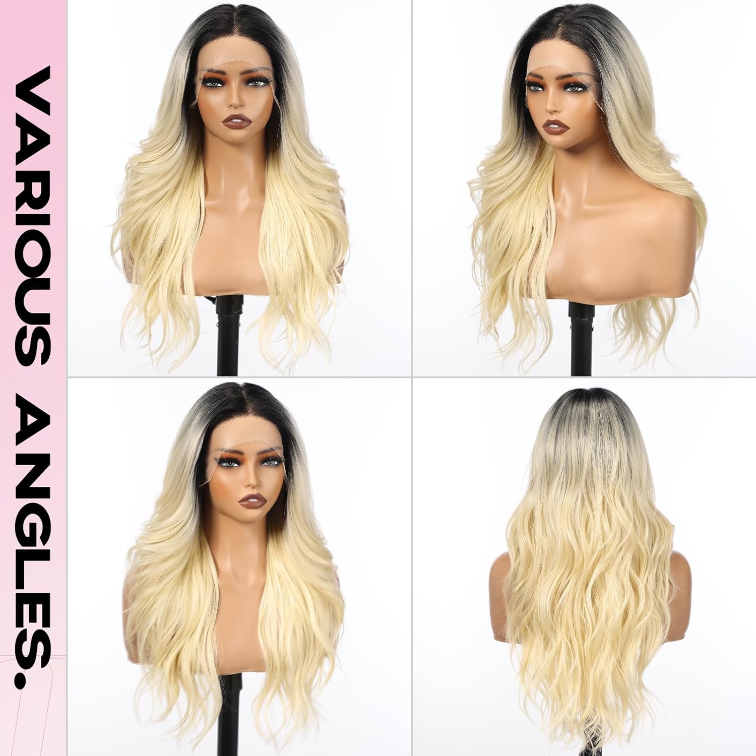Ombre Black Blonde Long Curly Wig, 13x4 Lace Front Synthetic Wig with Baby Hair, Natural Looking Heat Resistant Hair for Women Daily Use 22IN(RT1B/613A)