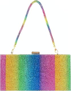 Van Caro Women Rainbow Evening Clutch Bag,Rhinestone Colorful Square Box Shoulder Handbag for Wedding Party Tote Purse,Big Rainbow