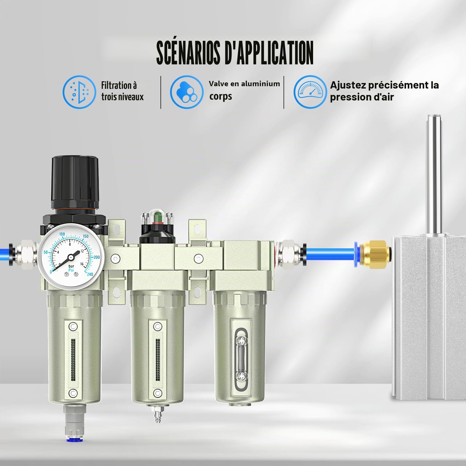 MEANLIN MEASURE 1/2" BSP Système de séchage d'air en 3 étapes de qualité industrielle，drain automatique,sécheur dessiccatif et régulateur d'air pour découpeuse plasma et pulvérisation de peinture