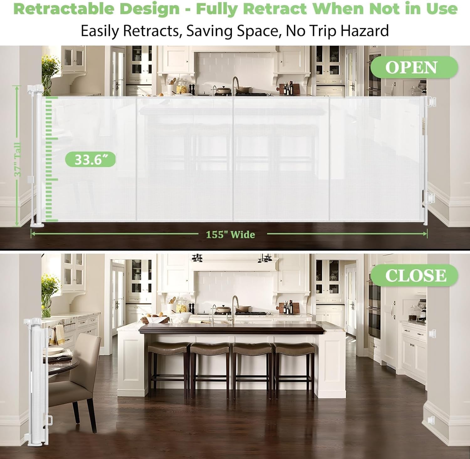reinforced 155 inch extra wide retractable baby gate with reinforced rods, 13 feet wide retractable dog gate – prevents crawling under, extra long baby gate retractable fence outdoor garage gate/white white (37" tall x 155" wide)