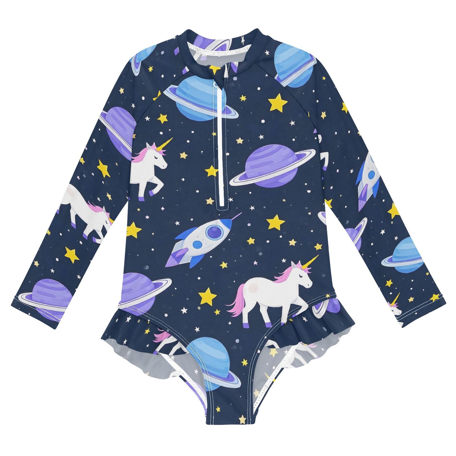 ALAZA Swimsuit for Girls Long Sleeve Rashguard Bathing Suit Cartoon Planet Rockets Quick Dry 4T