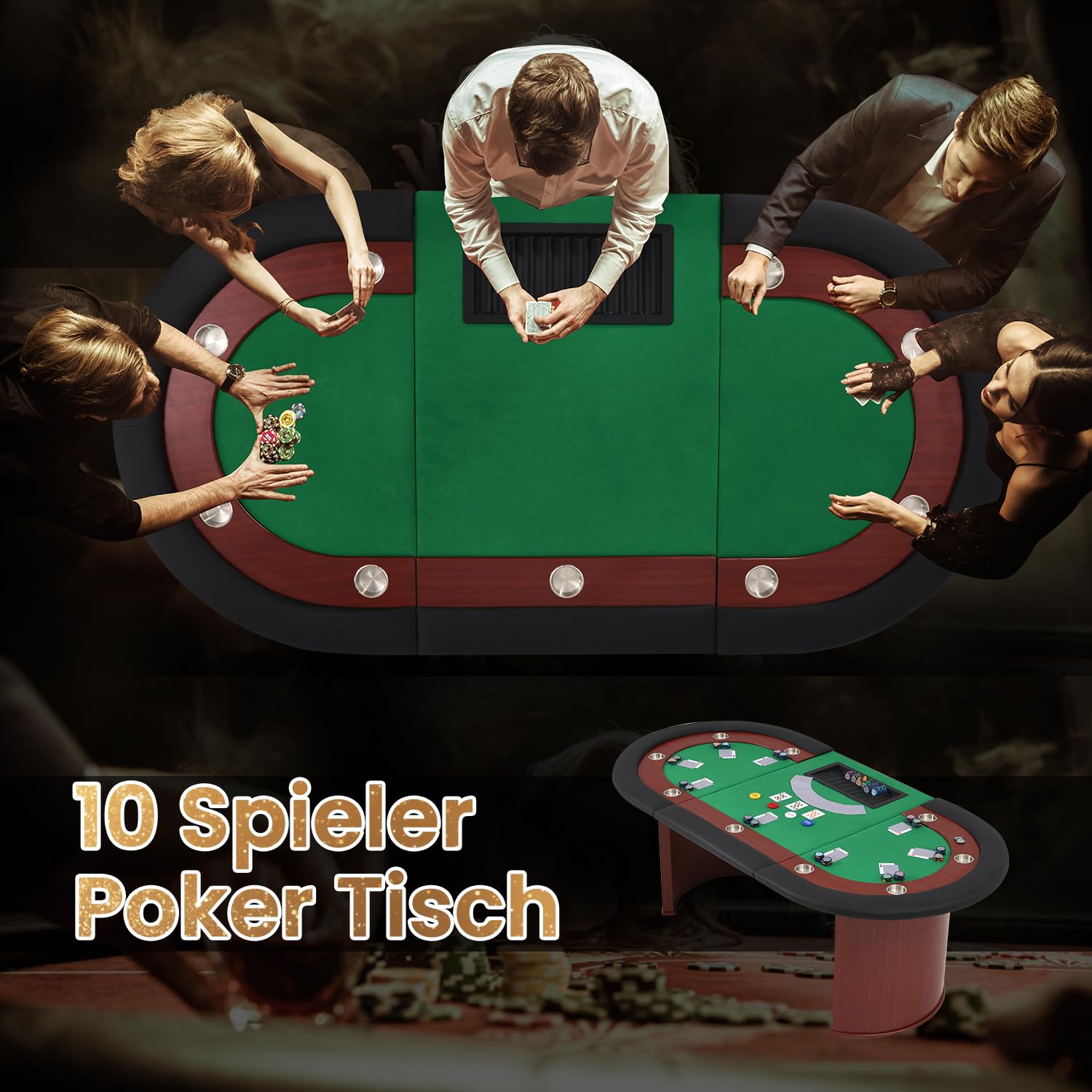 AVAWING Pokertisch für 10 Spieler, 9 Getränkehalter, abnehmbare Chipablage, gepolsterte Armauflage, Braun & Grün