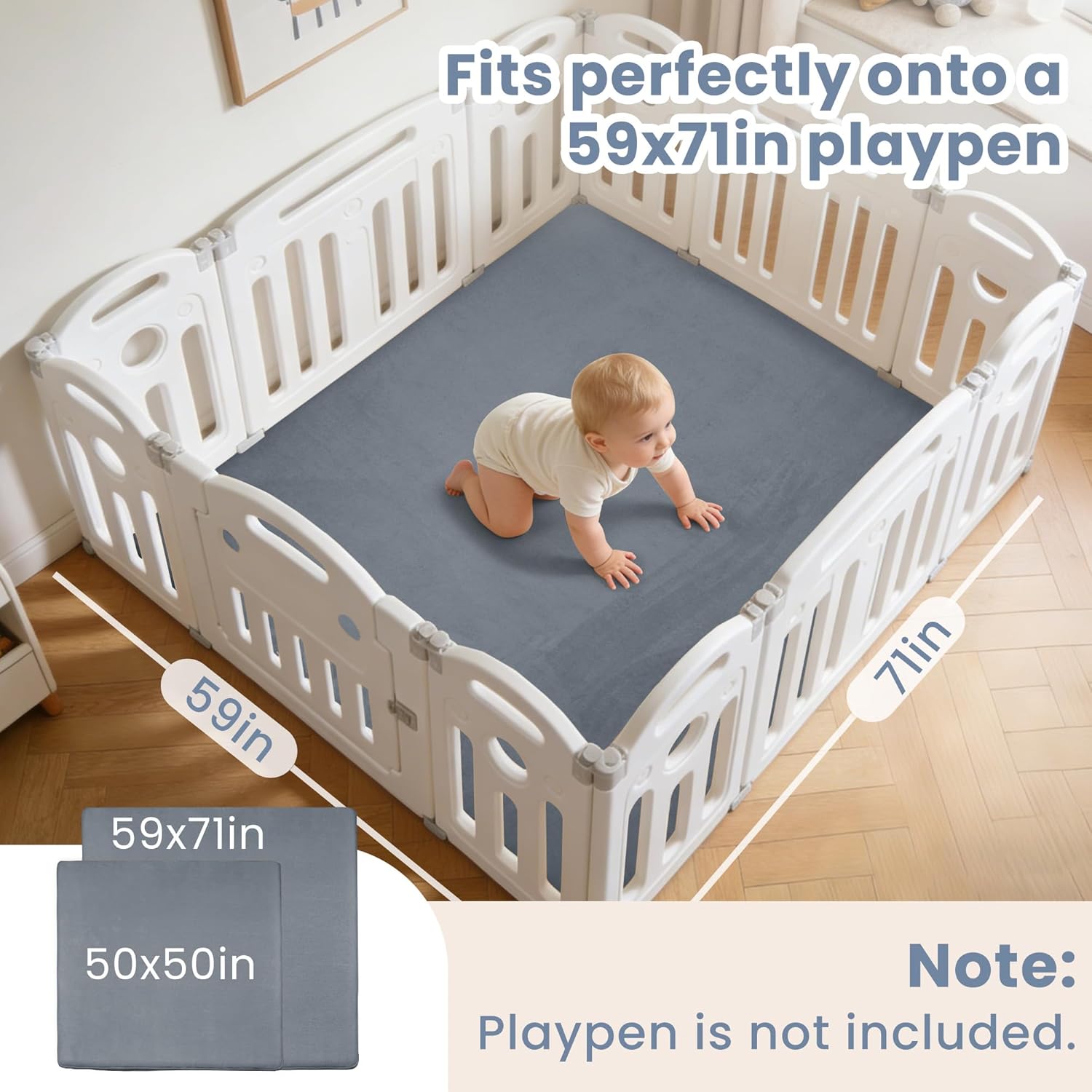 ACOMOPACK 1.3" Thick Baby Play Mat for Floor 59x71-Large Water-Repellent&Non-Slip Memory Foam Mat for Kids,Toddlers,Soft Velvet Nursery Rug for Tummy Time&Crawling,Yoga,Tatami Style(Grey) - Image 5