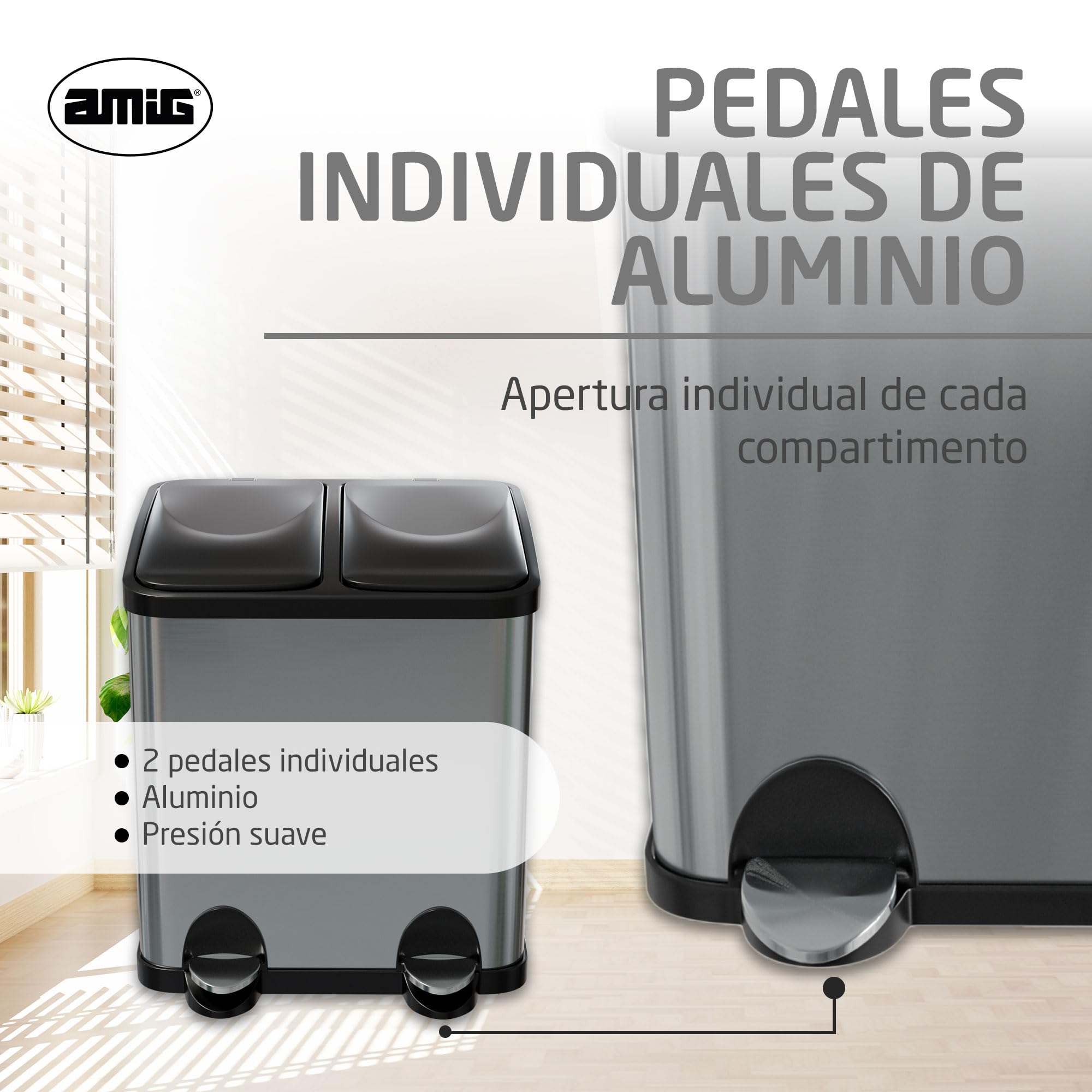 Amig - Cubo de Reciclaje Doble con Pedales Mod. RECIK2-30 Litros: 2 Compartimentos de 15 L - 48 x 32 x 40 cm - Acero Inoxidable - Plateado - Cubo de Basura Antihuellas para Cocina - Diseño Moderno