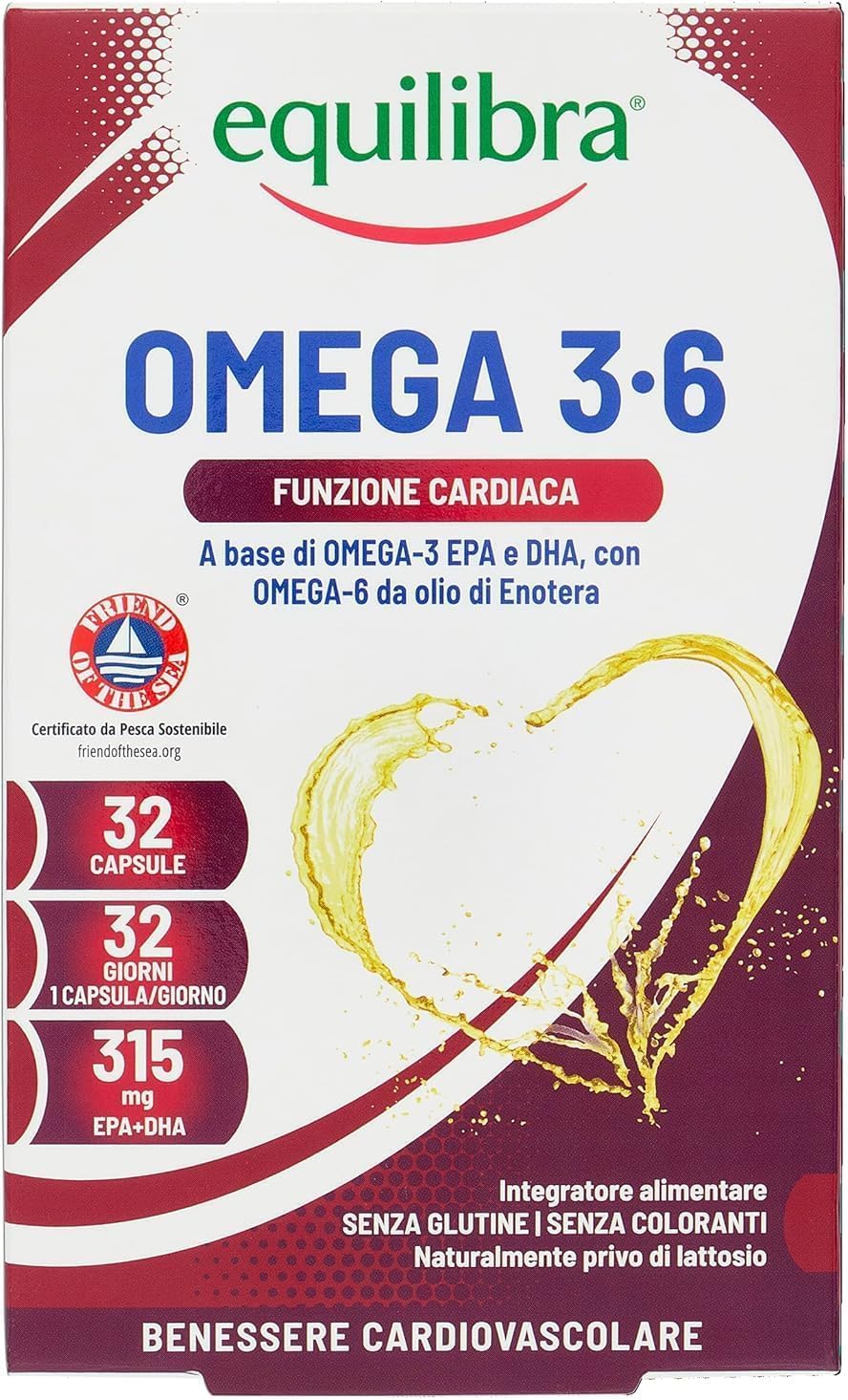 Equilibra Omega 3 6, Integratore Olio di Pesce con EPA e DHA per la Normale Funzione Cardiaca, Cerebrale e Visiva, con Omega 6 da Olio di Enotera e Vitamina E, 32 Capsule
