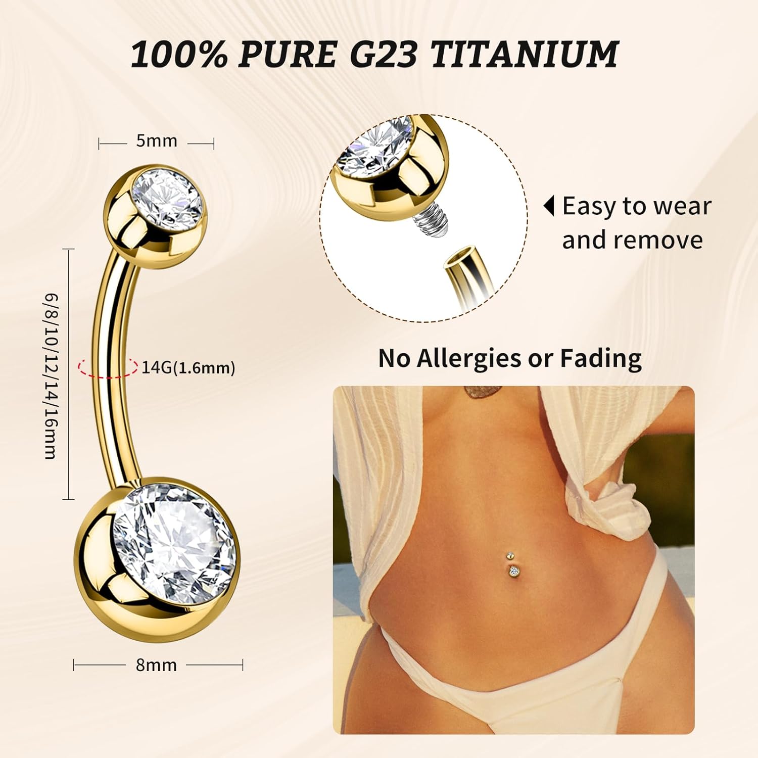 2PC G23 Titanium Belly Button Rings Internally Threaded Navel Barbell Belly Piercing Jewelry 6mm 8mm 10mm 12mm 14mm 16mm of Length to Choose Round Cubic Zirconia Belly Rings for Women Men - Image 3