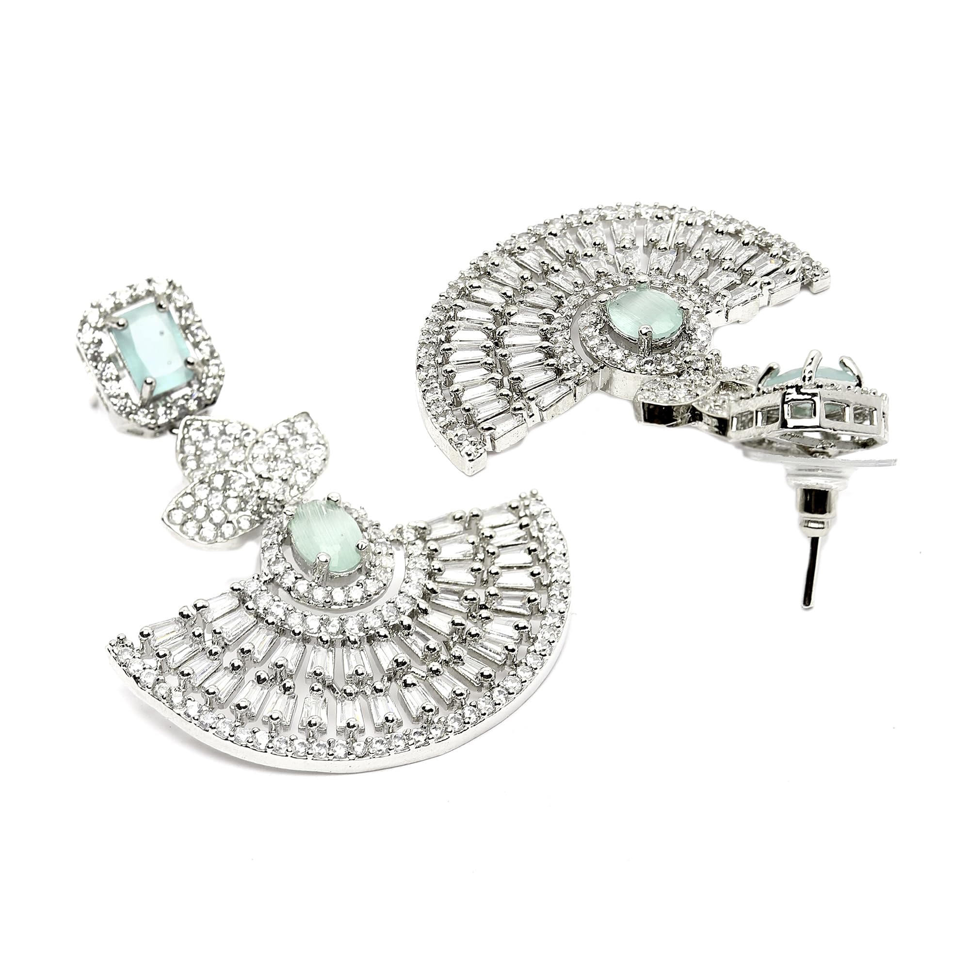 Leaf Shaped Drop Earrings with American Diamond in Rhodium Plating