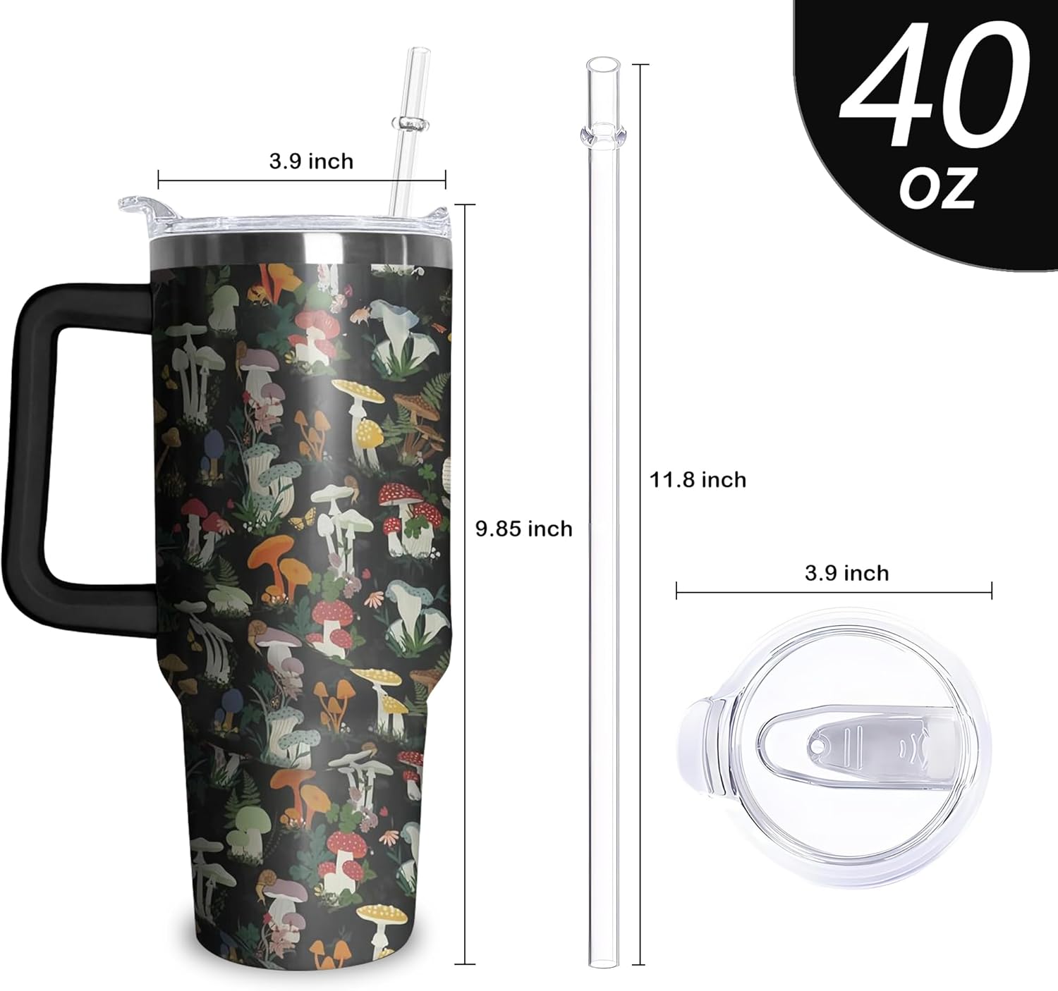 Mushroom Tumbler with Handle and Straw, 40 oz Stainless Steel Insulated Cup with Lid and Straw,Travel Coffee Mug Water Bottle, Birthday Christmas Mothers Day Gifts for Animal Lovers Women - Image 2