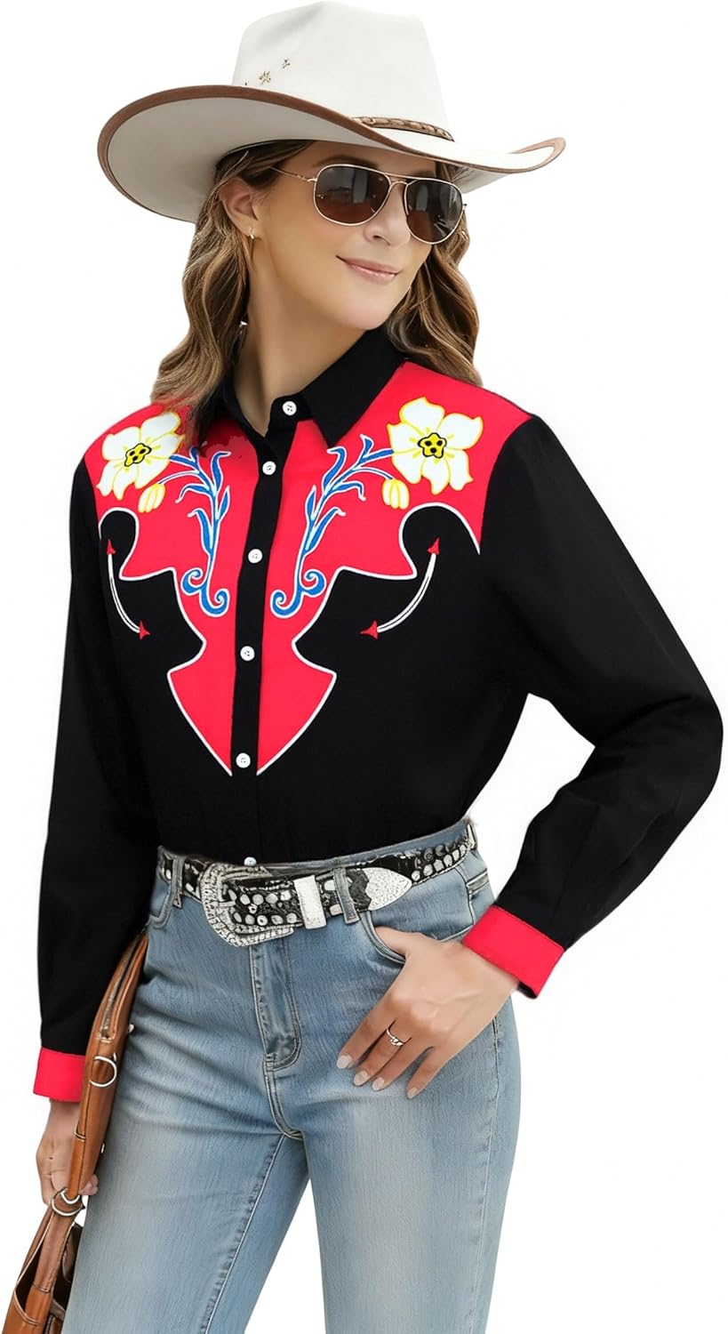 Western Cowboy Shirt Woman Cowgirl Outfits Country Music Top Casual Long Sleeve Button Down Shirts