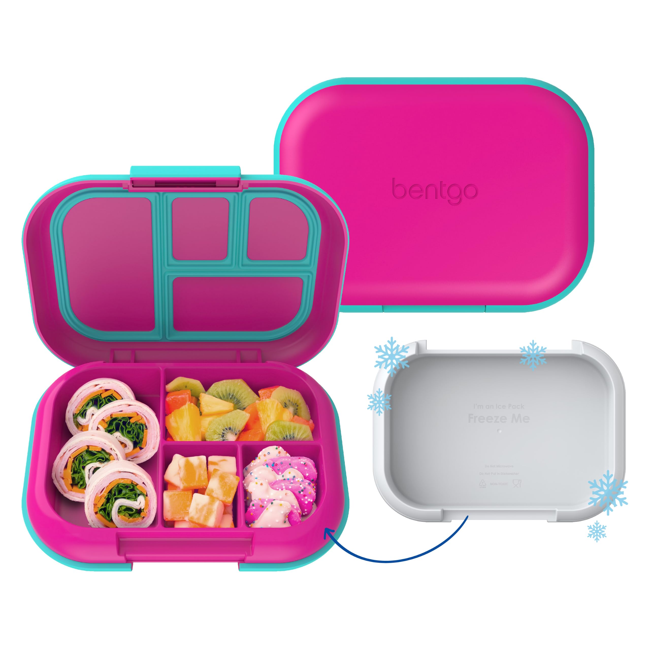 Bentgo Chill Kids Leakproof Lunch Box - 4-Compartment Bento Box with Built-In Ice Pack, 3.3 Cup Capacity, BPA-Free, Microwave & Dishwasher Safe Tray, Ages 3–7 (Fuchsia/Teal)