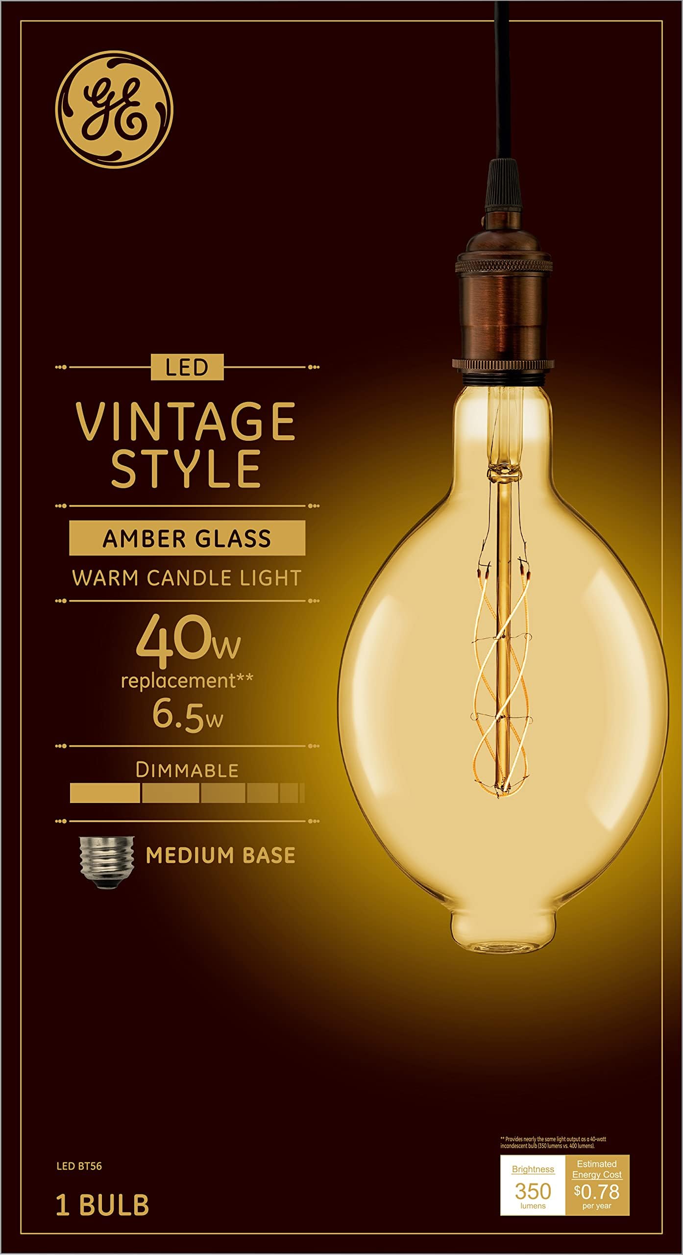 GE Vintage Style LED Light Bulb, 6.5 Watts (40 Watt Equivalent) Warm Candle Light, Amber Glass, Medium Base, Dimmable (1 Pack)