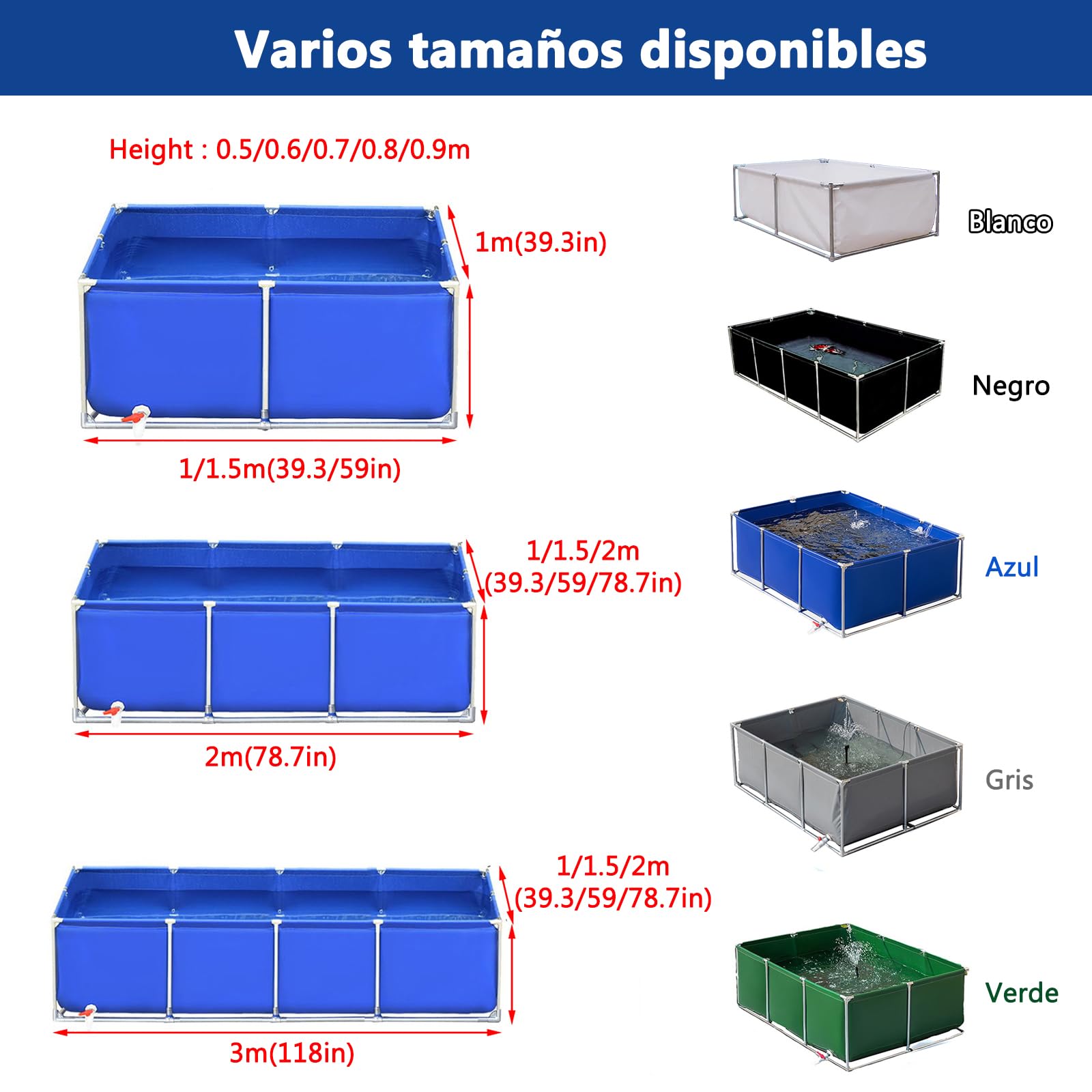 Estanque de Piscina para Acuario con válvula de Drenaje,Piscina Plegable Rectangular, Tanque De Retención Flexible para Turtle Koi/Goldfish para Vivir(L1.5×W1×H0.5m-Verde)