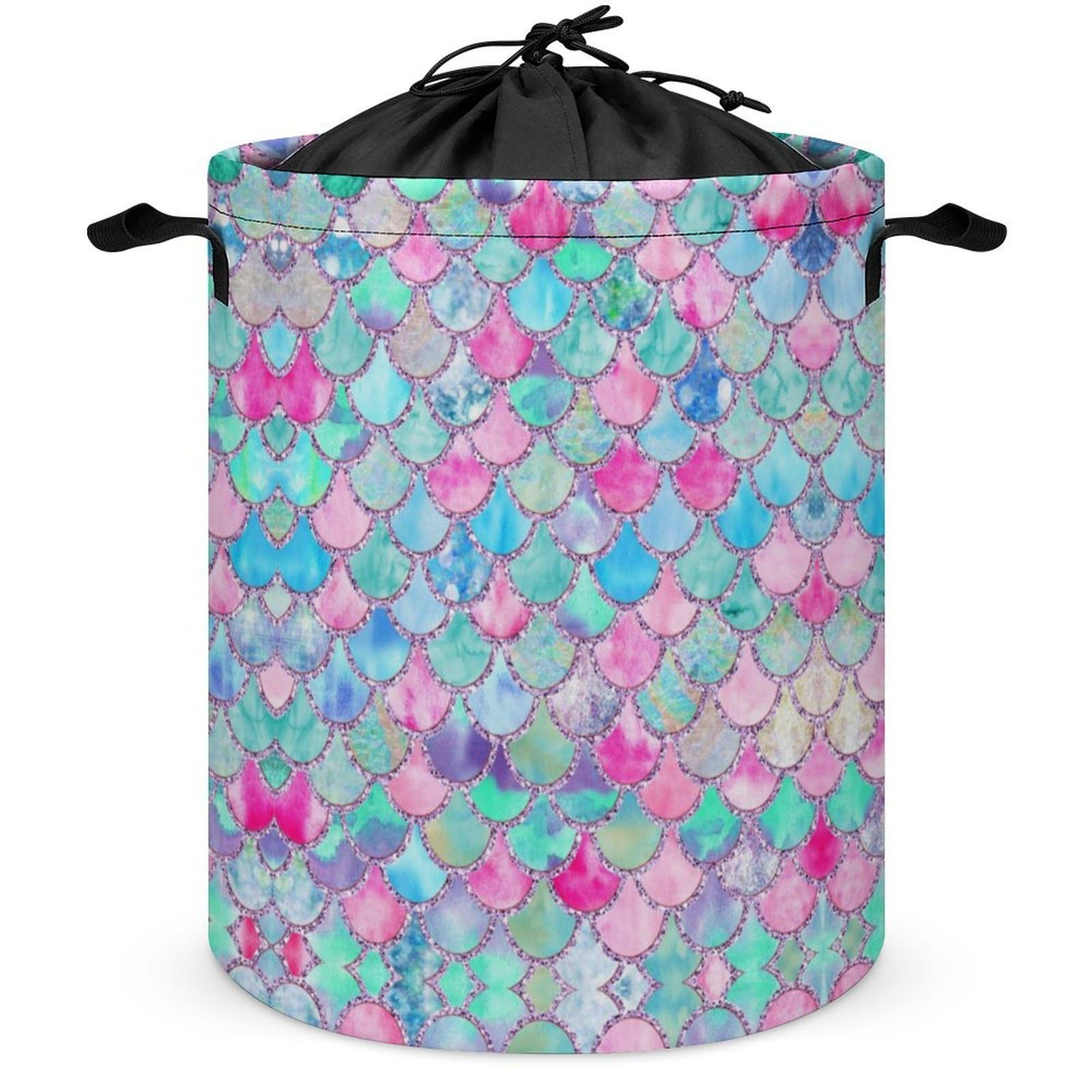 Qjjinxior Drawstring Laundry Hamper, Rainbow Watercolor Scales of Mermaid Laundry Basket, Washing Basket with Handle
