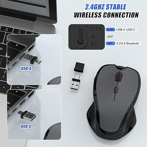 Miniatura 5 de Mouse inalámbrico Bluetooth para MacBook Air Pro Mac, mouse ergonómico recargable con modo Jiggler, 2 modos Bluetooth y receptor USB-AUSB-C de 2.4G,