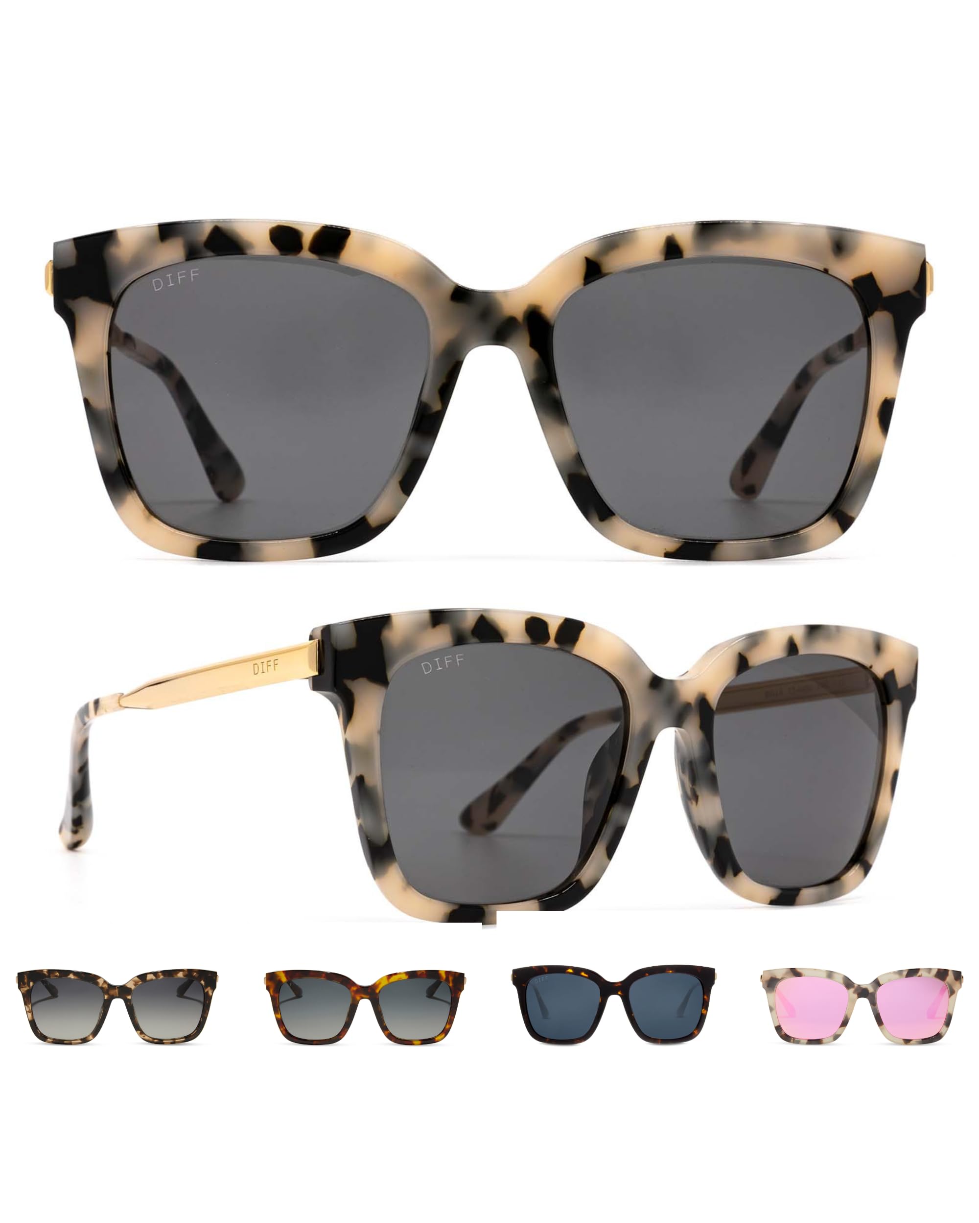 DIFF Bella Oversized Square Sunglasses for Women | Designer Tortoise Frames | 100% UV Protection