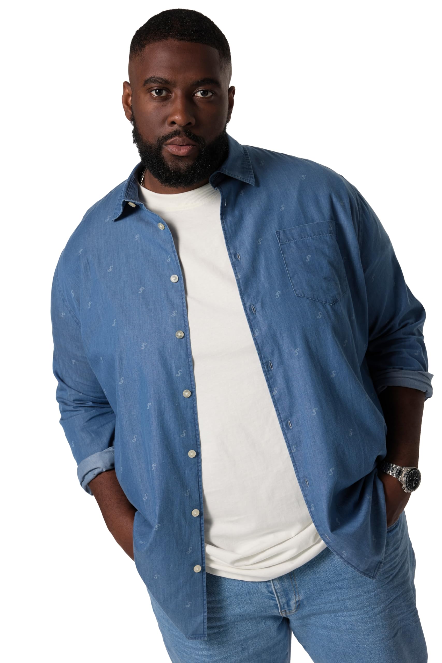 STHUGE Jeans-Hemd, Langarm, Alloverprint, Modern Fit, Kentkragen 831882