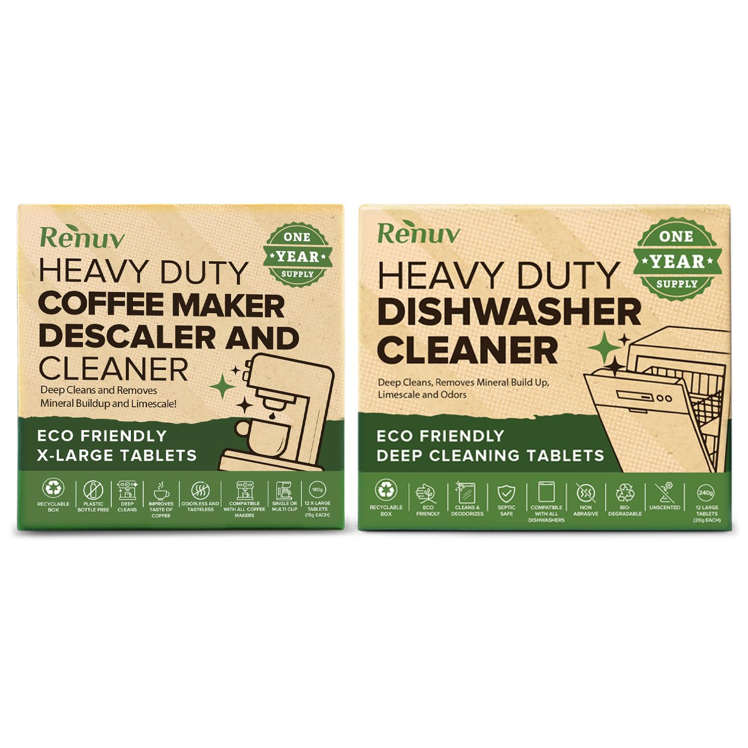 Renuv® Dishwasher Cleaner + Coffee Maker Cleaner Bundle, 12 Tablets Each