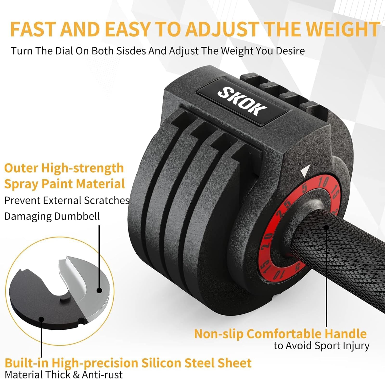 SKOK Ensemble D'haltères Réglables, Paire D'haltères Réglables De 11,3 Kg Pour Homme Et Femme, Avec Antidérapant, Ajustement Rapide Du Poids En Tournant La Poignée, Haltères Noirs Avec Plateau