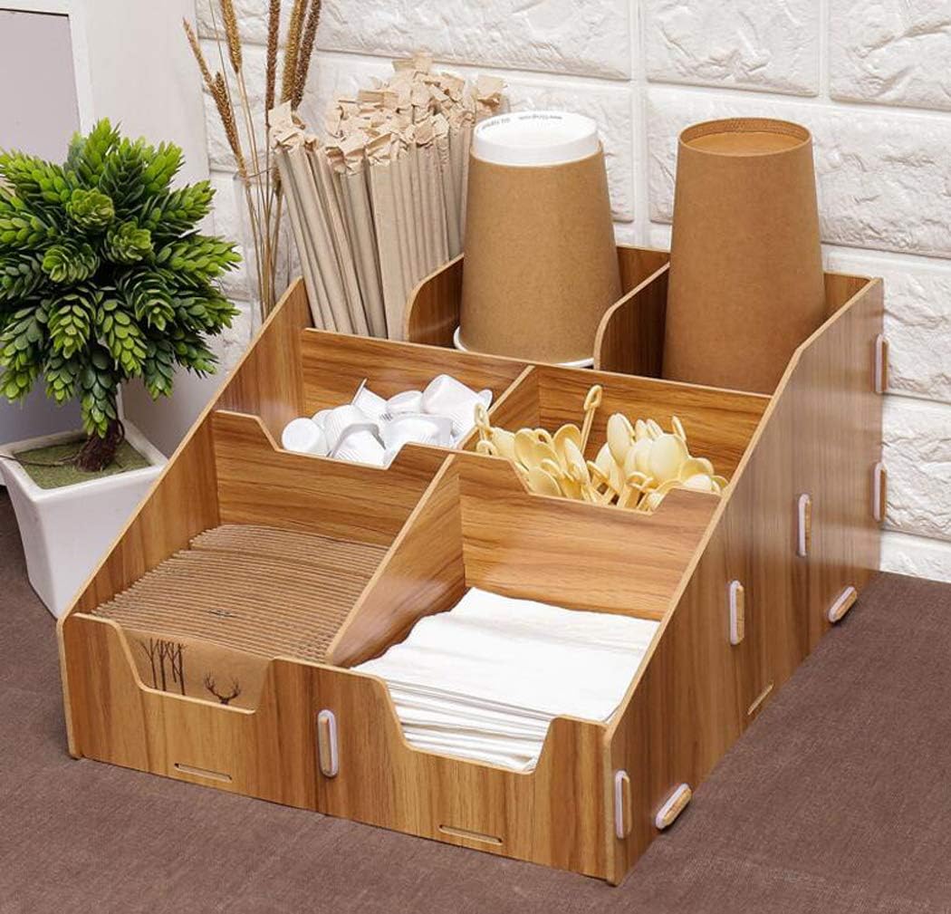 7 Compartment Coffee Condiment Organizer Cups Lids Sugars Creamers Stirrers Napkins Organizer Holder for Breakroom Milk Tea Shops Coffee Shops Kitchen Pine (Walnut)