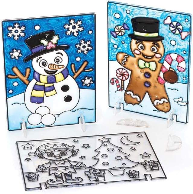 Baker Ross FC182 Christmas Pictures-Pack of 4, Suncatchers for Kids with Stained Glass Effect, Make Your Own Rainbow Decorate and Display, Assorted