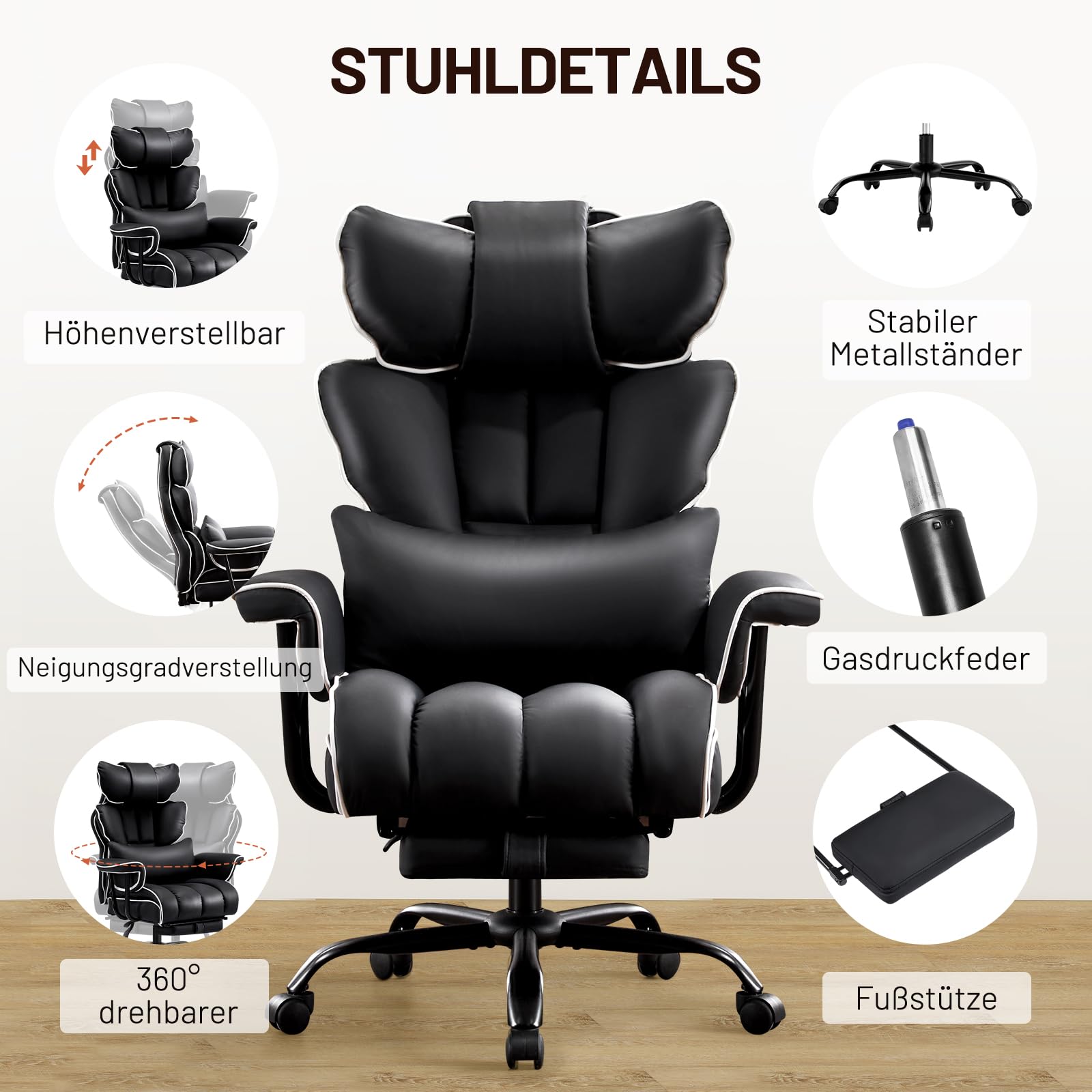 Sedia da gaming ergonomica, in pelle PU, 200 kg, con poggiapiedi e supporto lombare, sedia regolabile con schienale alto, sedia girevole (nero-1)