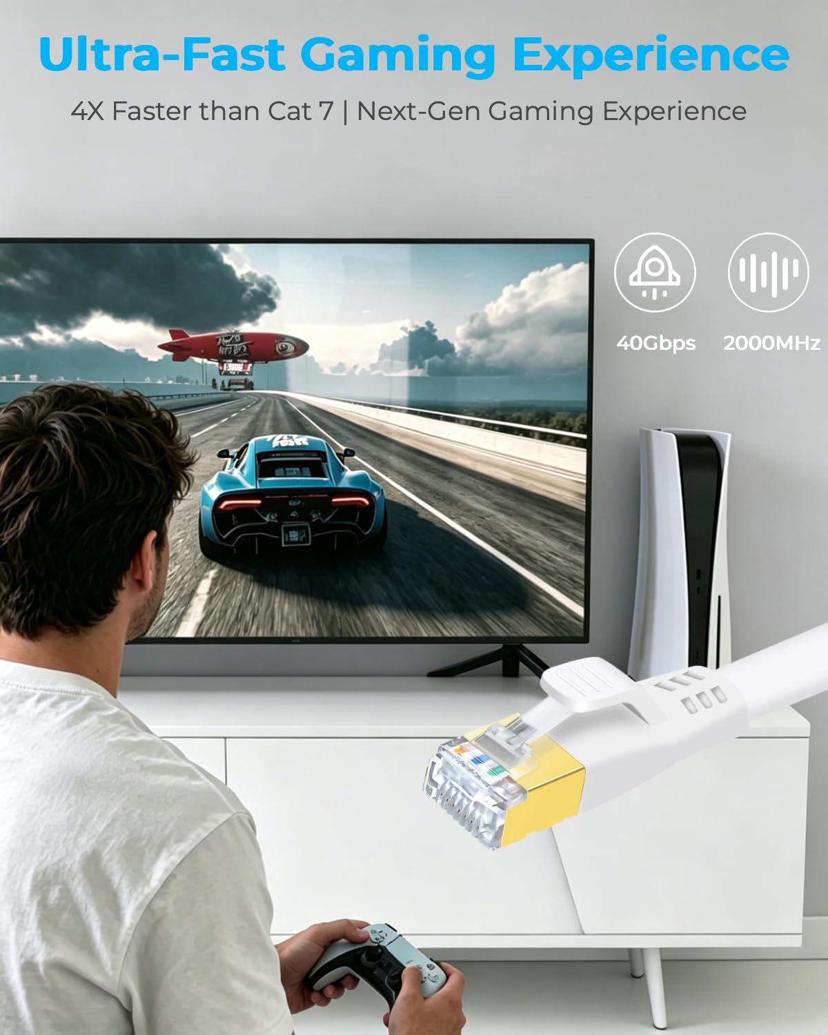 DDMALL Kabel Ethernet CAT 8, 15m wysoka szybkość 40Gbps 2000MHz płaski kabel krosowy CAT8, gigabit Internet Network LAN z pozłacanym złączem RJ45 do gier, modemów, routera, PC (15m, biały) | Kabel Ethernet High-Speed, 2000 MHz, ekranowany, czysta miedź, p
