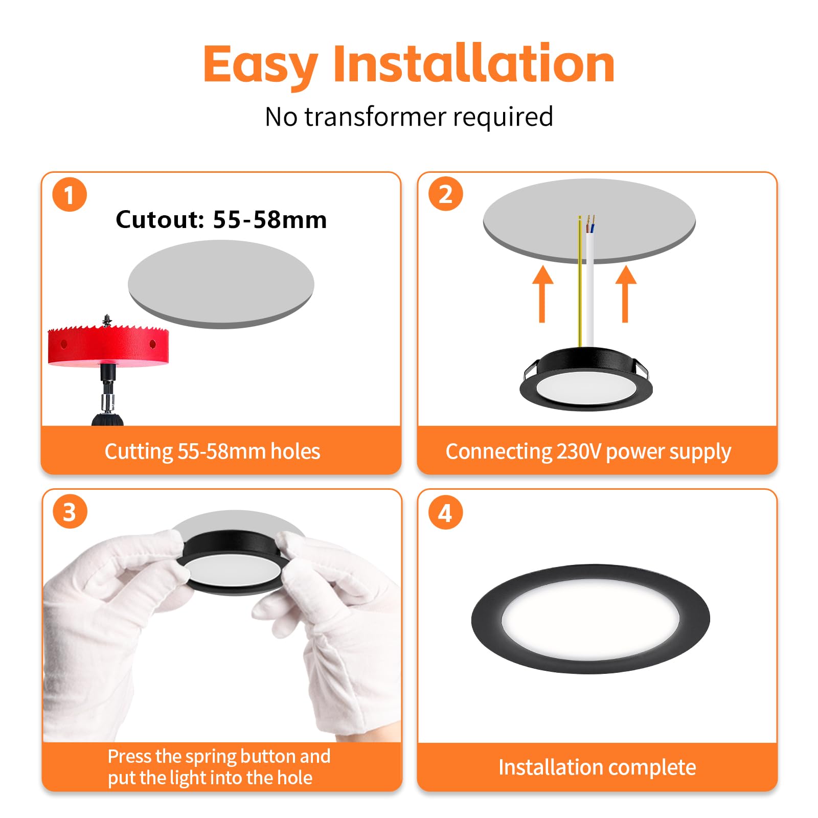 YindaLux Zestaw 6 reflektorów LED do zabudowy, 230 V, 3 W, 3000 K, ciepła biel, reflektor LED, ultra płaski, 300 lm, otwór 55-58 mm i 15 mm, płaski, IP44 lampa do zabudowy meblowej LED do szafki z