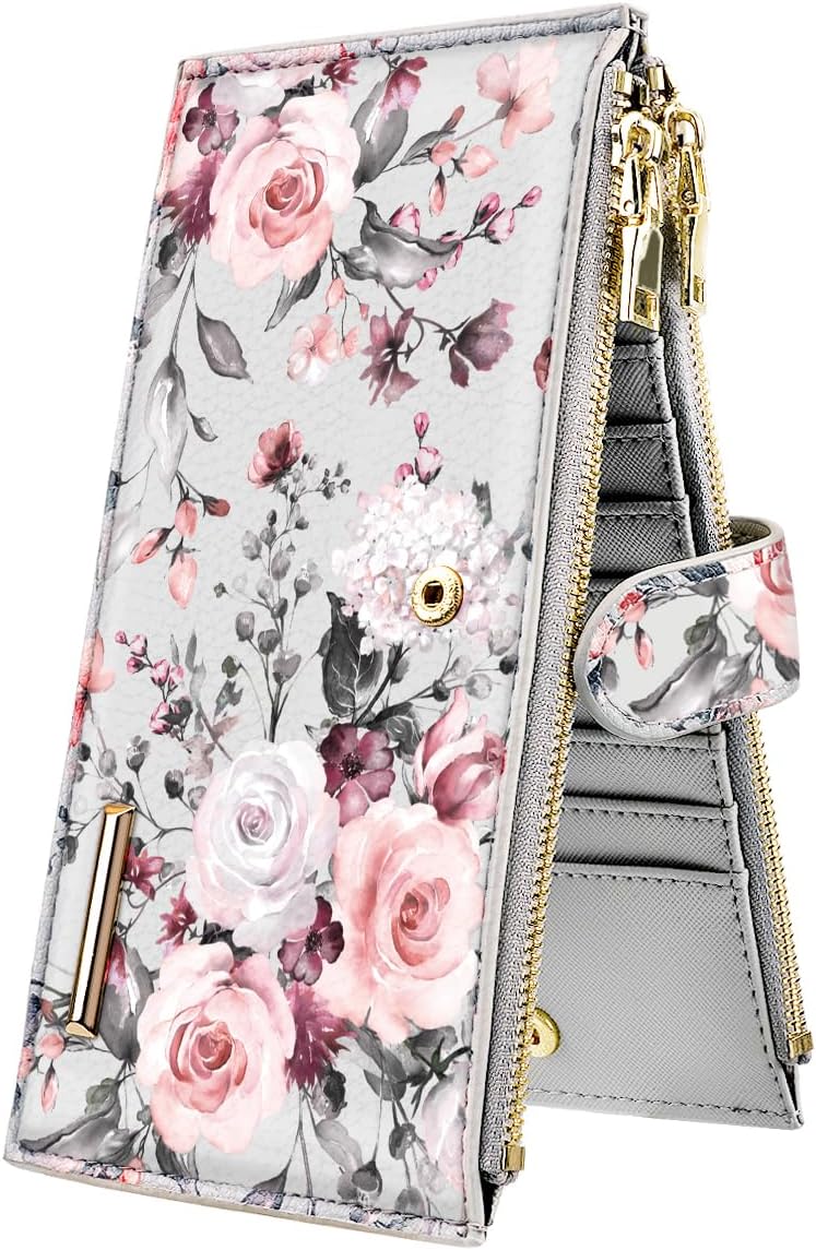 Womens RFID Blocking Multi Card Organizer Bifold Wallet with Zipper Pocket,Grey Flowers