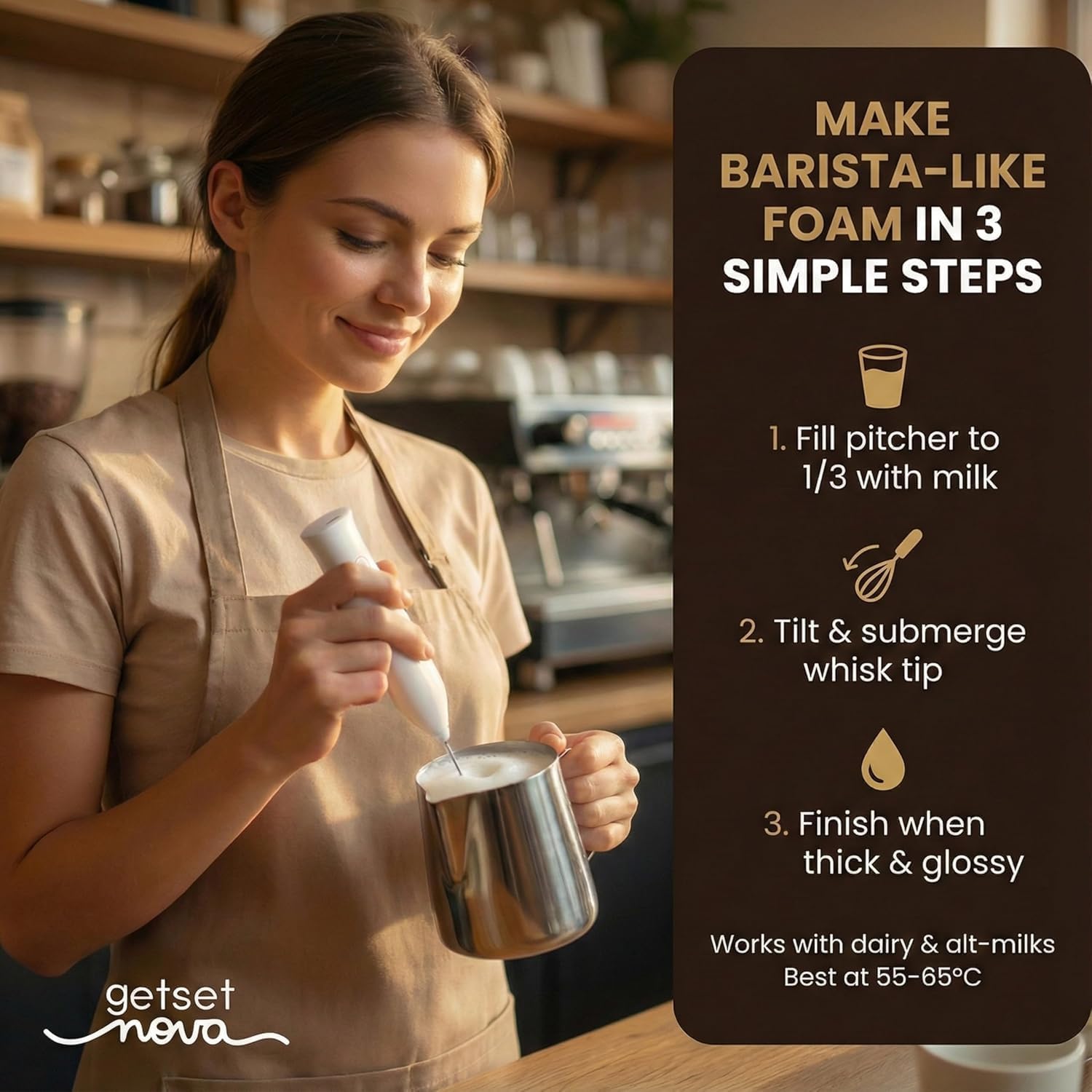 Nova Rechargeable Milk Frother Handheld Electric Coffee Frother with Dual Spring Whisk | Foam Maker for Latte, Cappuccino, Matcha & Hot Chocolate | 3 Speed Modes |USB Charging | Stand Included | White