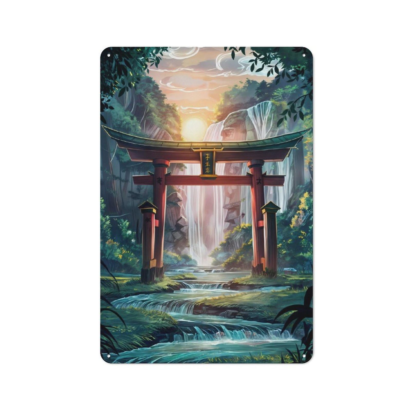 Junmoney Red Torii Gate Forest Rustic Tin Wall Plaque 30X20cm For Guest Room Or Hallway, For Garage, Workshop And Man Cave Decoration