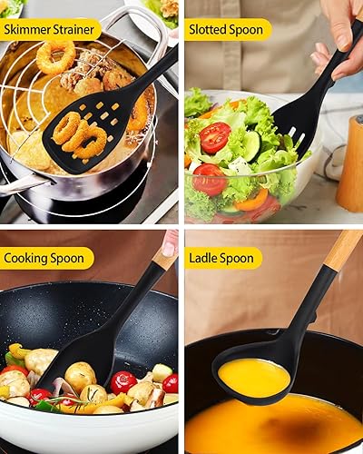 Miniatura 4 de Juego de utensilios de cocina de silicona para utensilios de cocina antiadherentes, 7 utensilios de cocina resistentes al calor con mango de madera,