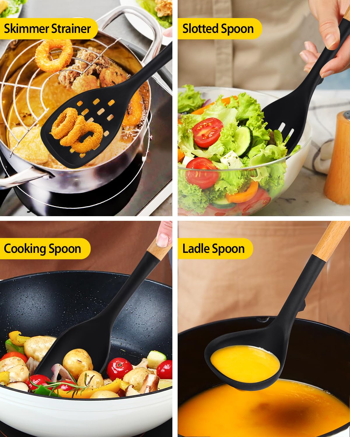 Juego de utensilios de cocina de silicona para utensilios de cocina no pegajosos, 7 piezas de utensilios de cocina resistentes al calor con mango de madera, utensilios de cocina sin BPA con espátulas