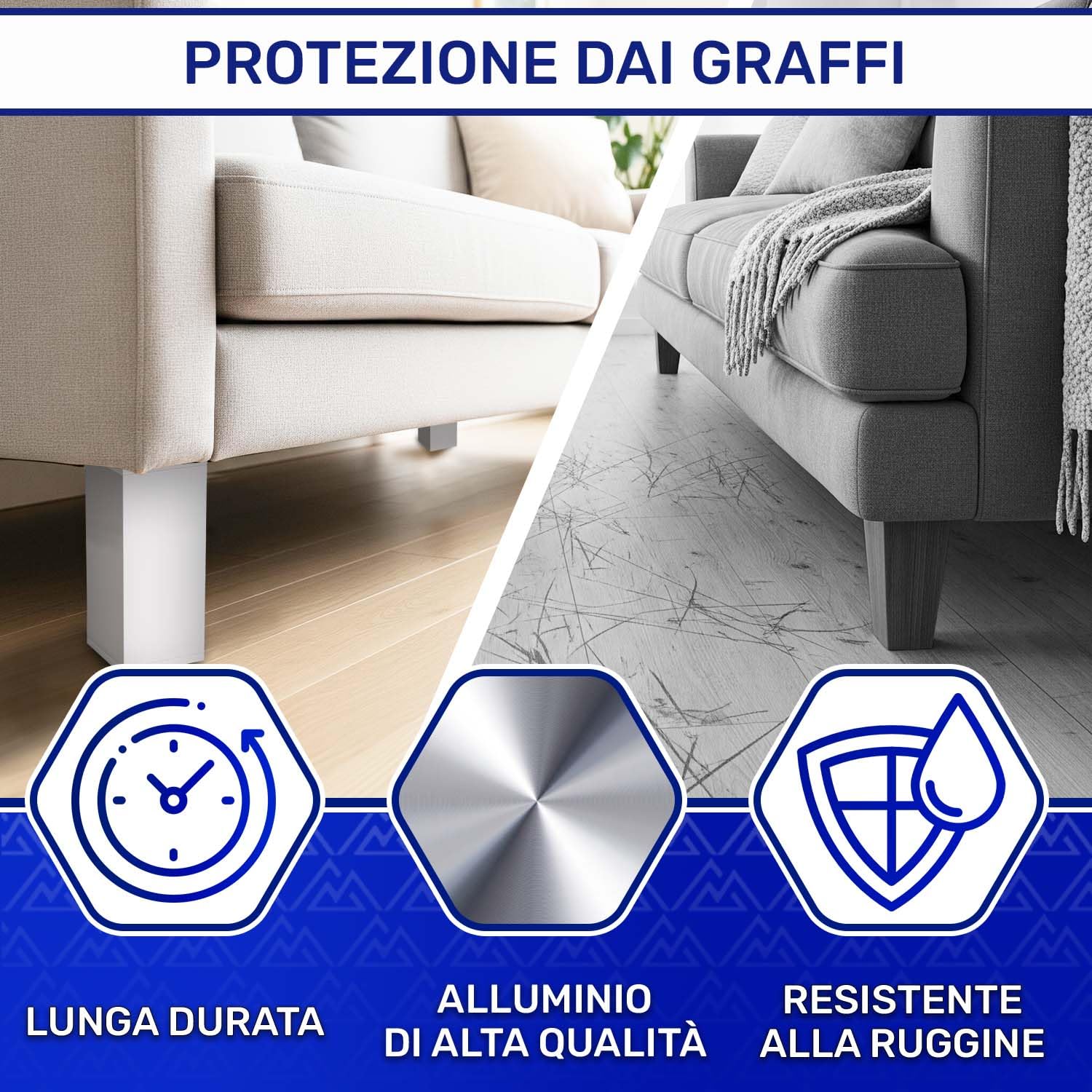 MONTERAL 8 Pezzi Piedini per Mobili Regolabili 100 mm Estensibili a 107 mm Profilo 40x40 mm - Piedini Regolabili per Mobili di Colore Bianco Realizzata in Alluminio - Garanzia di 10 Anni