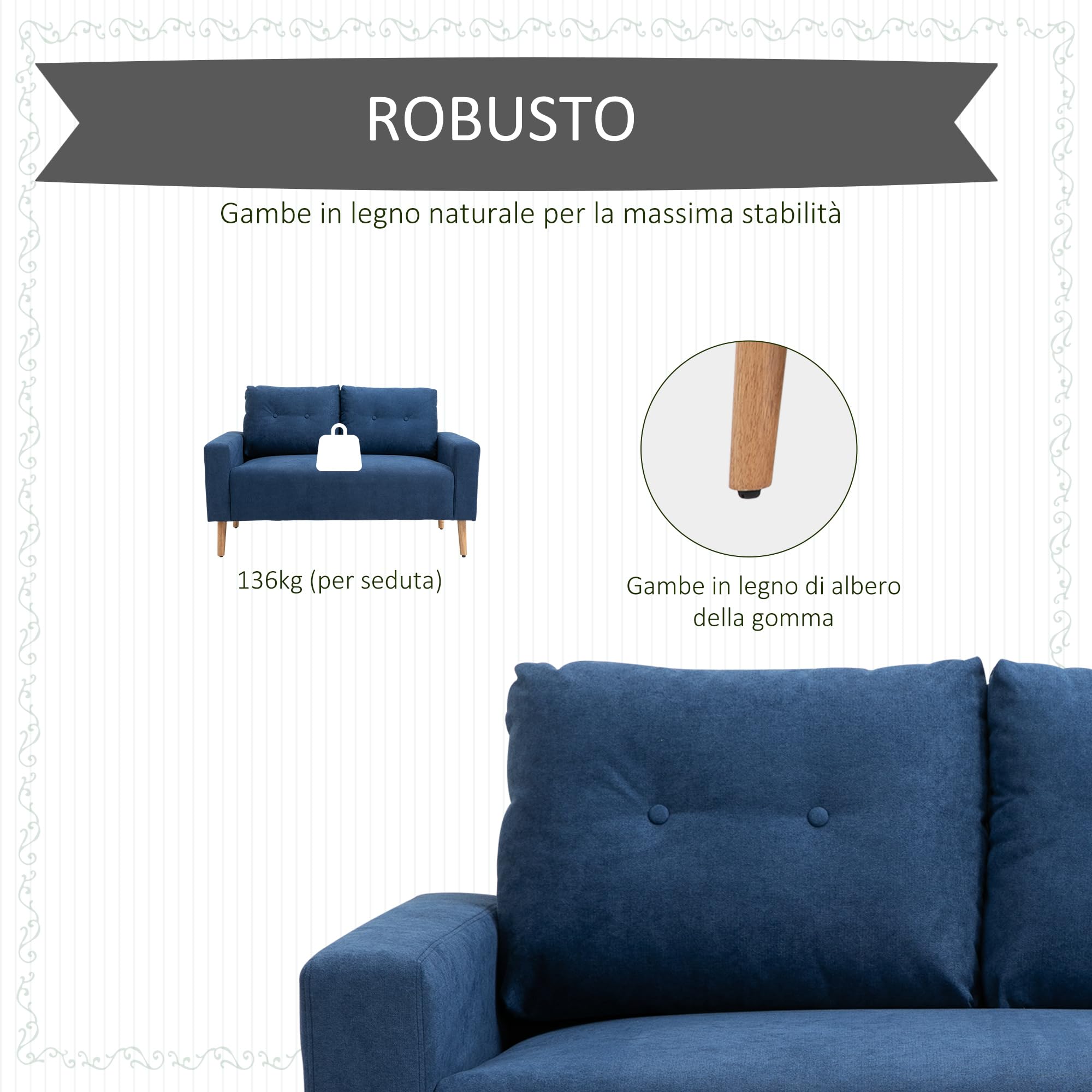 HOMCOM Divano 2 Posti Moderno in Stile Nordico con Schienale Trapuntato, in Poliestere e Legno, 145x76x88 cm, Blu