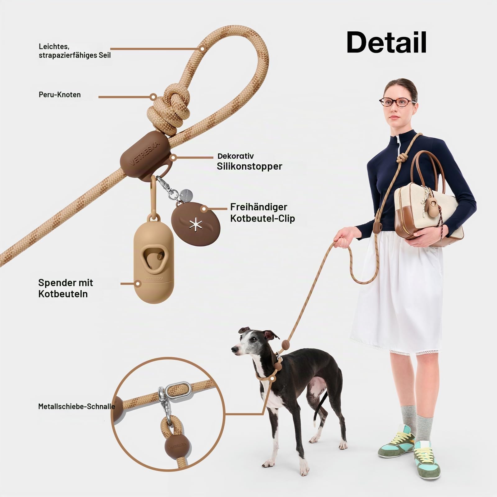 VETRESKA Händefreie Hundeleine, 2,4m, verstellbare Seilleine für mittelgroße und große Hunde, Taille/Crossbody-Leine, zum Spazierengehen, kein Ziehen, mit Beutelspender, Clip, 3-in-1-Walk-Kit (Kaffee)