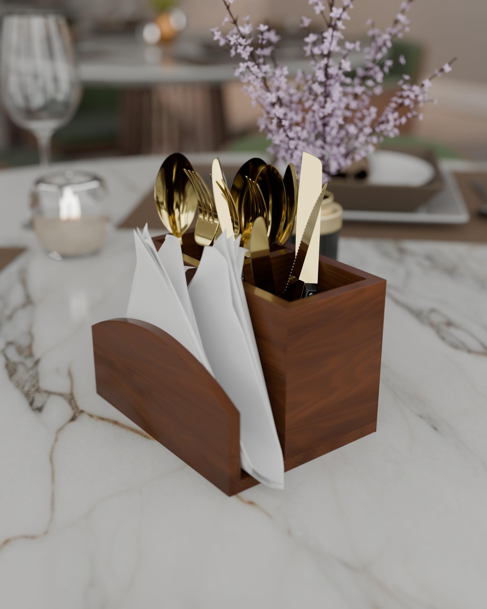 Blink & Buy® Sheesham Cutlery Holder | Utensils Holder Natural Finished | Handcrafted Cutlery Case 5 Partitions | 8 Inches | Knife and Spoon Stand for Dining Table | Tissue holder. (3 Partition) 2