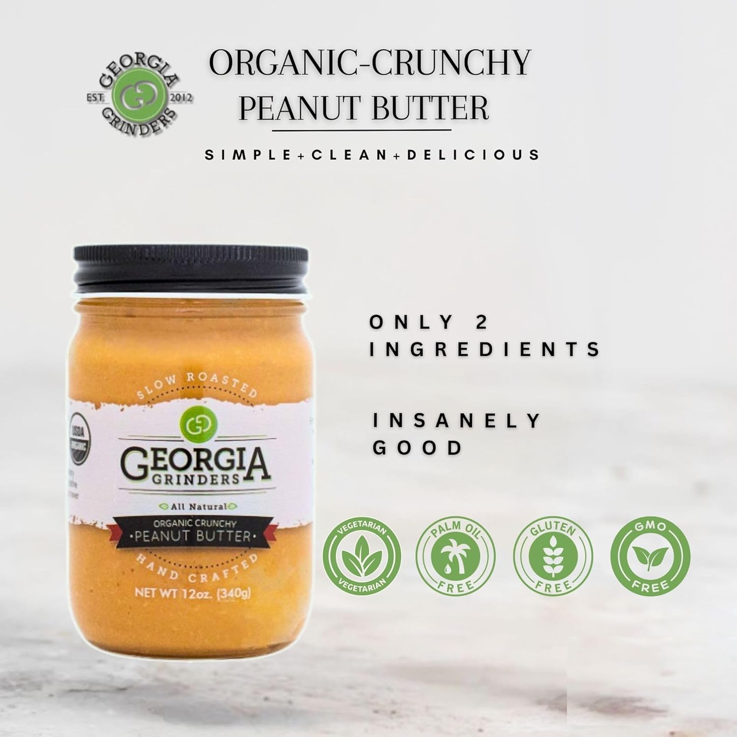 Georgia Grinders Organic Crunchy Gourmet Peanut Butter Spread, Non-GMO, Gluten Free, No Palm Oil, No Added Sugar, Vegan Friendly, 12 Ounce (1 Pack)