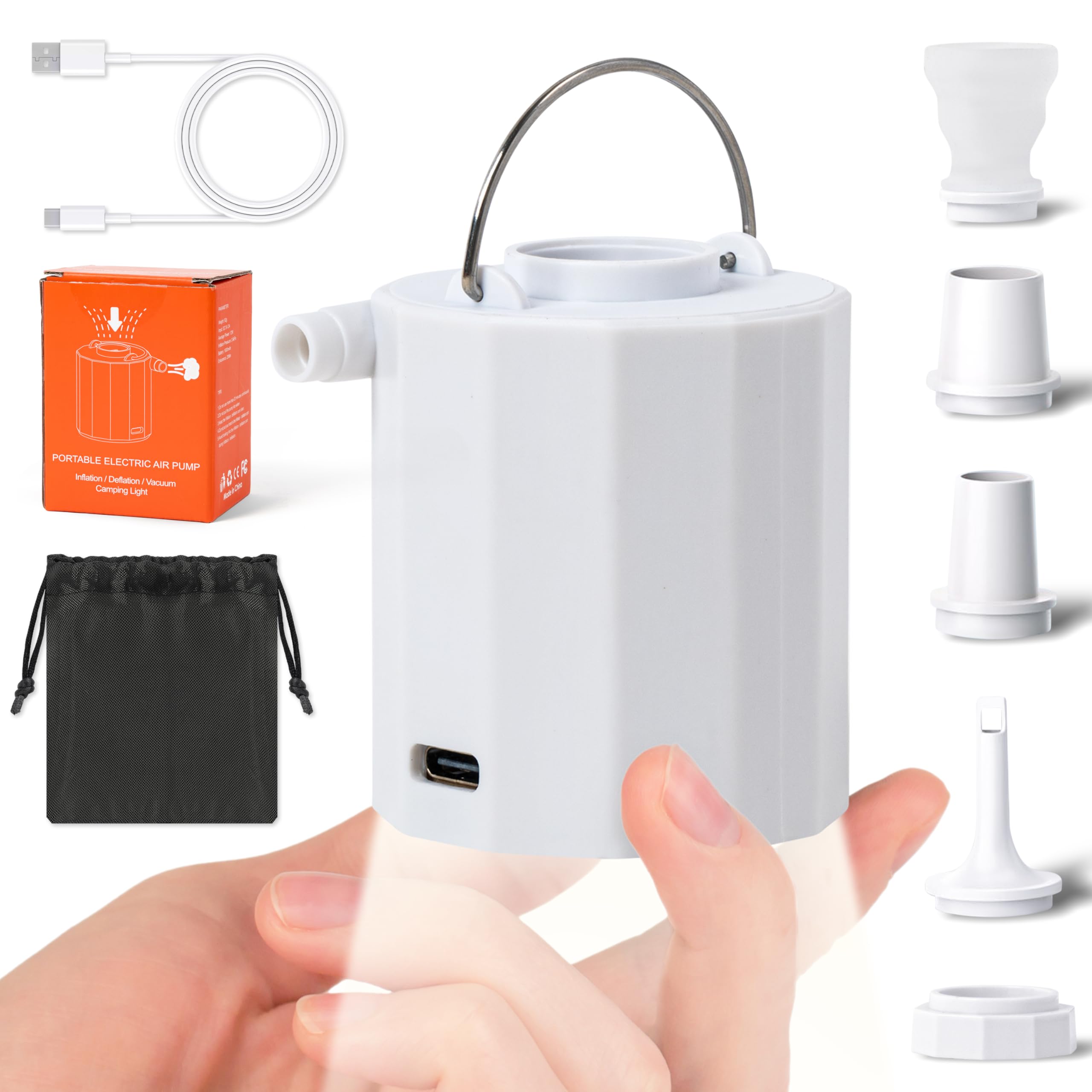 Portable Air Pump for Inflatables - 4.5Kpa Mini Powerful Air Mattress Pumps with Camping Light & Nozzles, Rechargeable Inflator Deflator Machine for Pool Float Sleeping Pad Vacuum Storage Bags