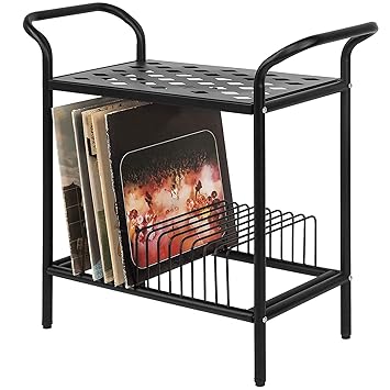 INDIAN DECOR 25005 Vintage 2-Tier Modern Matte Black Lattice Style Metal Turntable and Vinyl Record Storage Organizer Table Stand